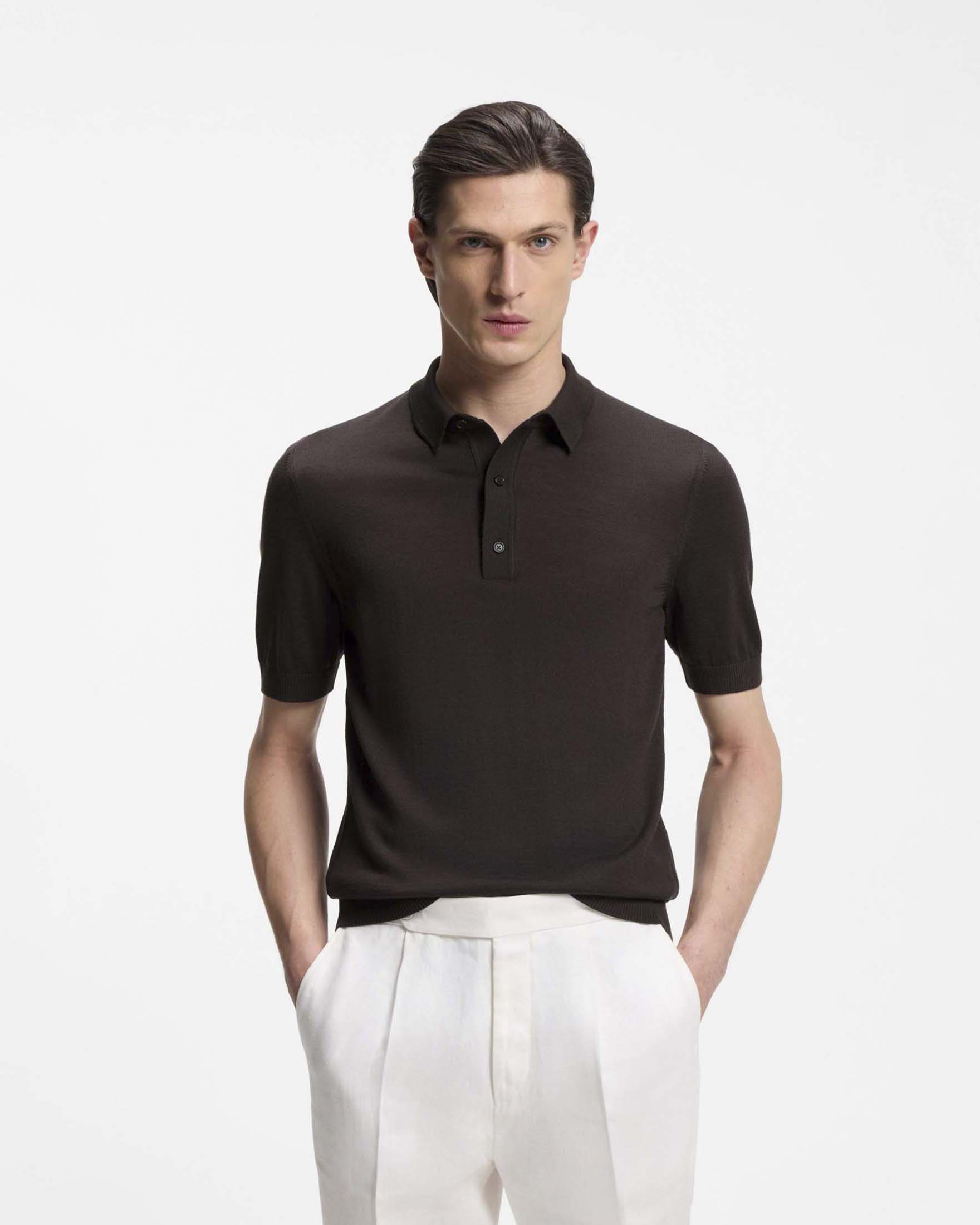 Polo mezza manica Boss Nolano marrone in maglia di pura lana vergine image