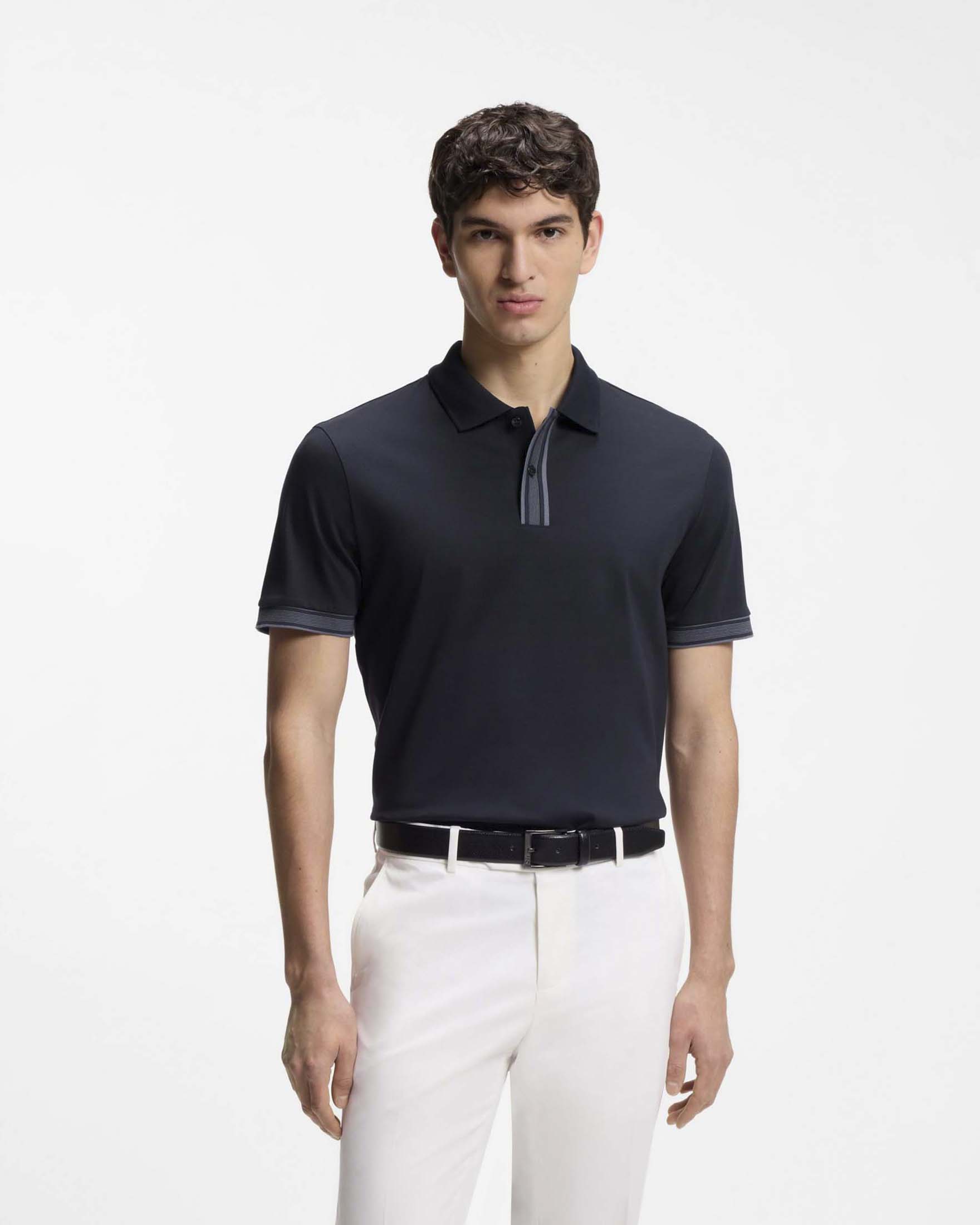 Polo mezza manica Boss Parlay blu in cotone mercerizzato con dettagli a righe