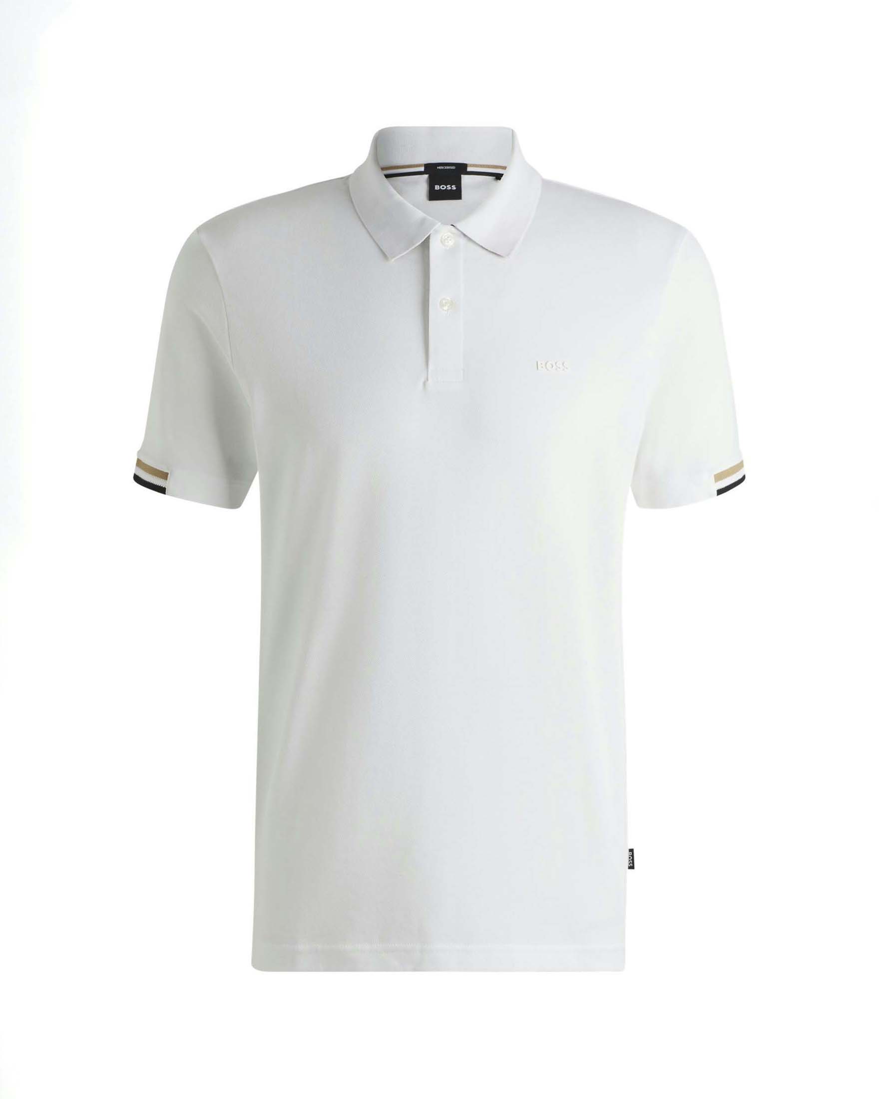 BOSS — Polo Boss Parlay bianca in puro cotone mezza manica con bordino sulle maniche in contrasto