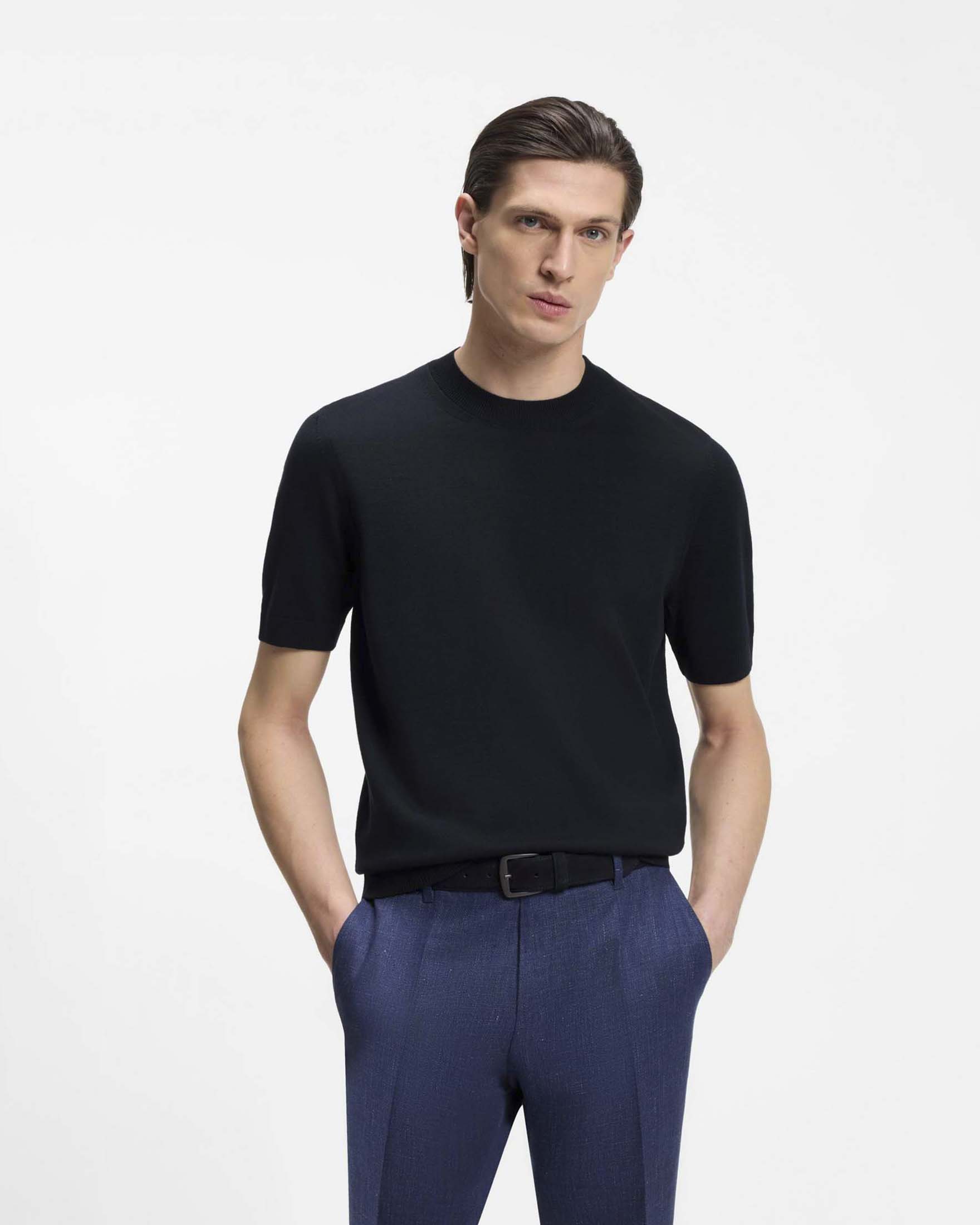 T-shirt mezza manica Boss Umauro blu in maglia di pura lana vergine