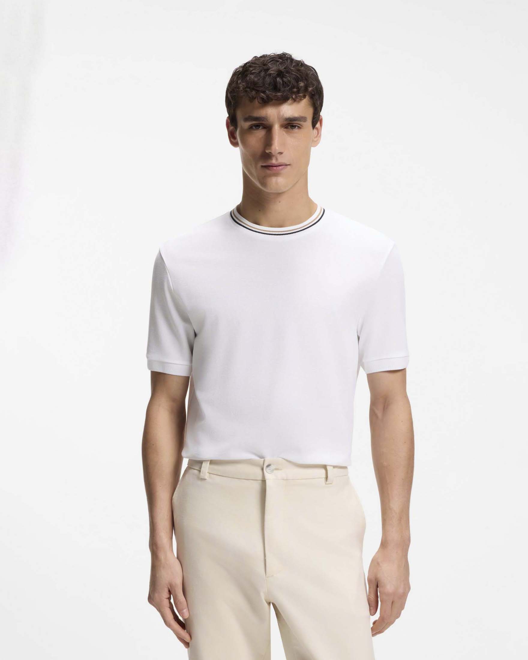 T-shirt mezza manica Boss Taut bianca in piquè di puro cotone con bordino