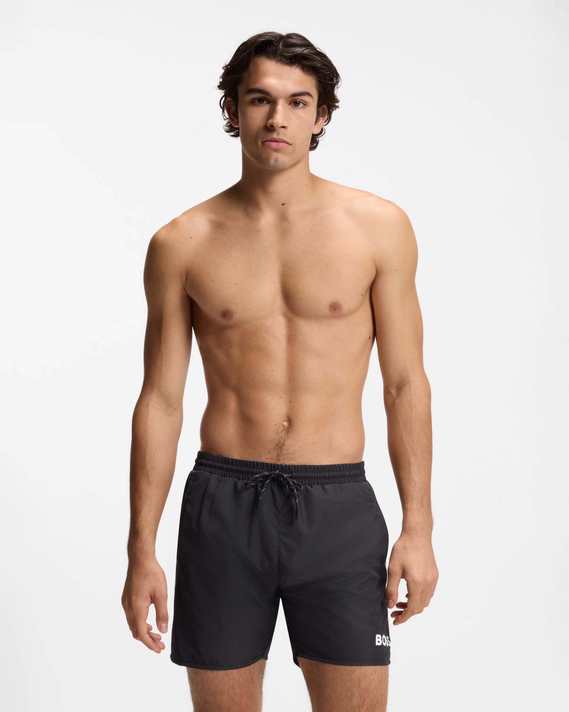 Boxer mare nero con piping in contrasto e logo stampato