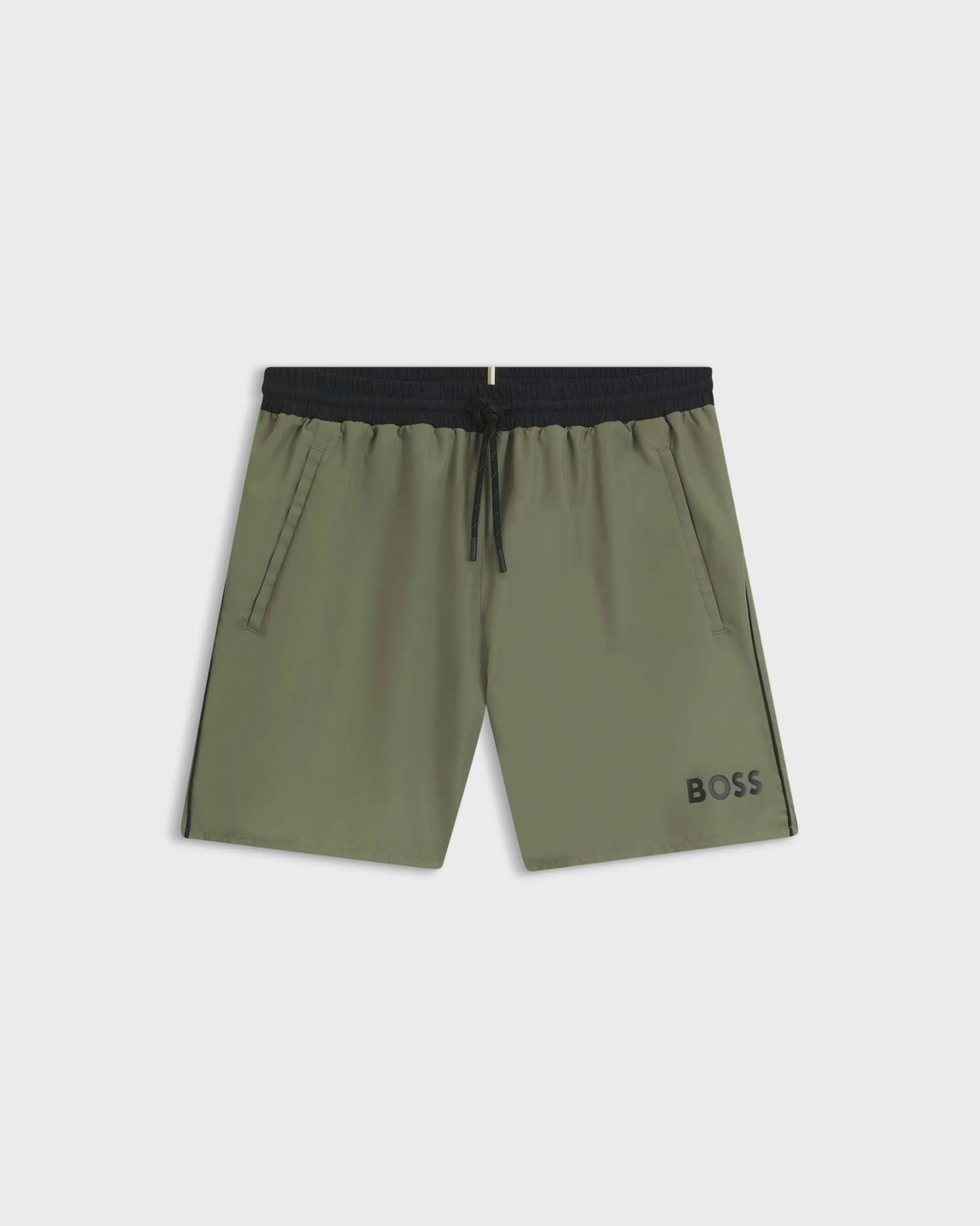 Boxer mare verde militare con piping ed elastico in contrasto e logo stampato