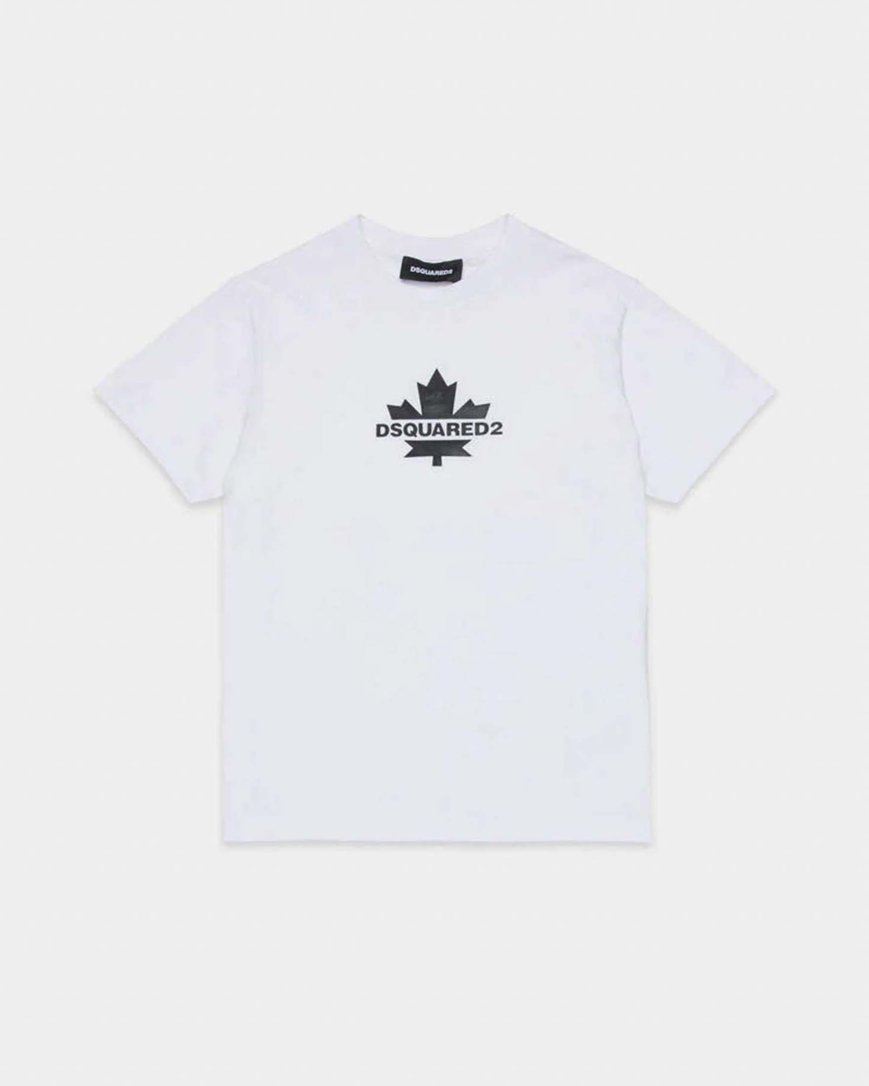T-shirt Dsquared2 bianca in puro cotone con scritta logo e foglia icon nera