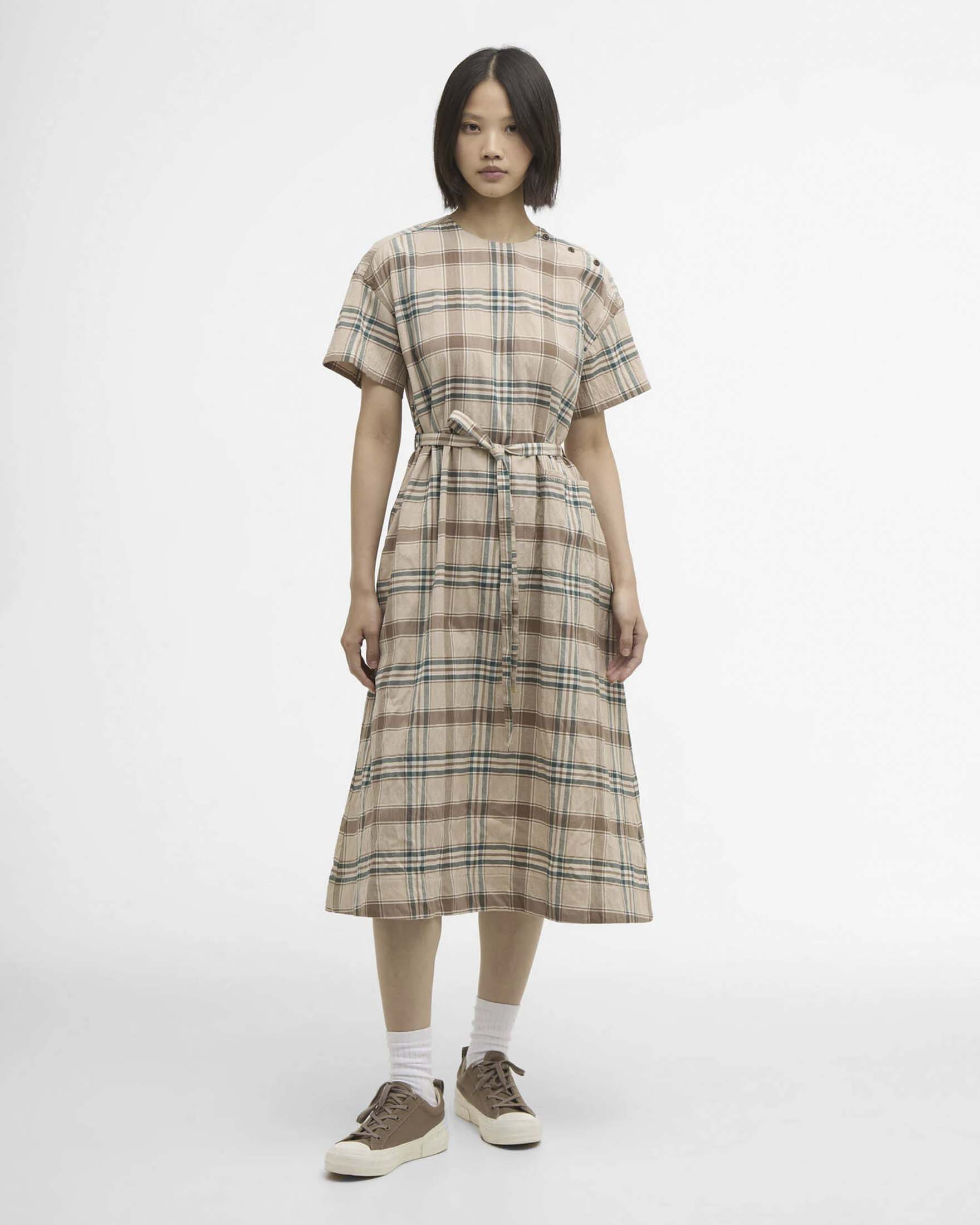 Abito midi Gwen Barbour beige a maniche corte con fantasia tartan check
