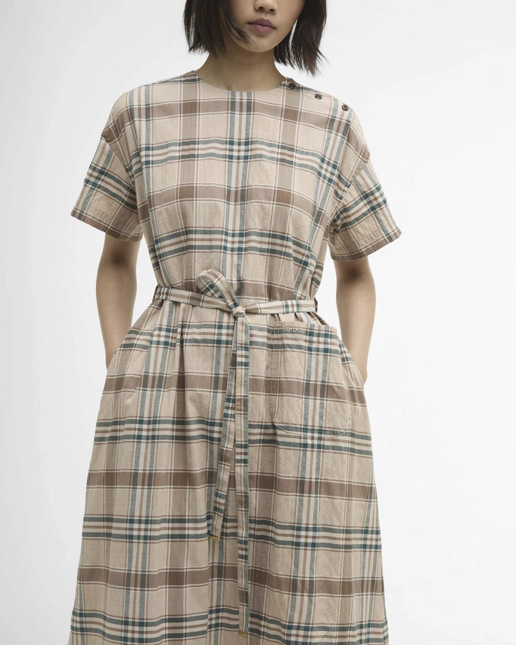 Abito midi Gwen Barbour beige a maniche corte con fantasia tartan check image