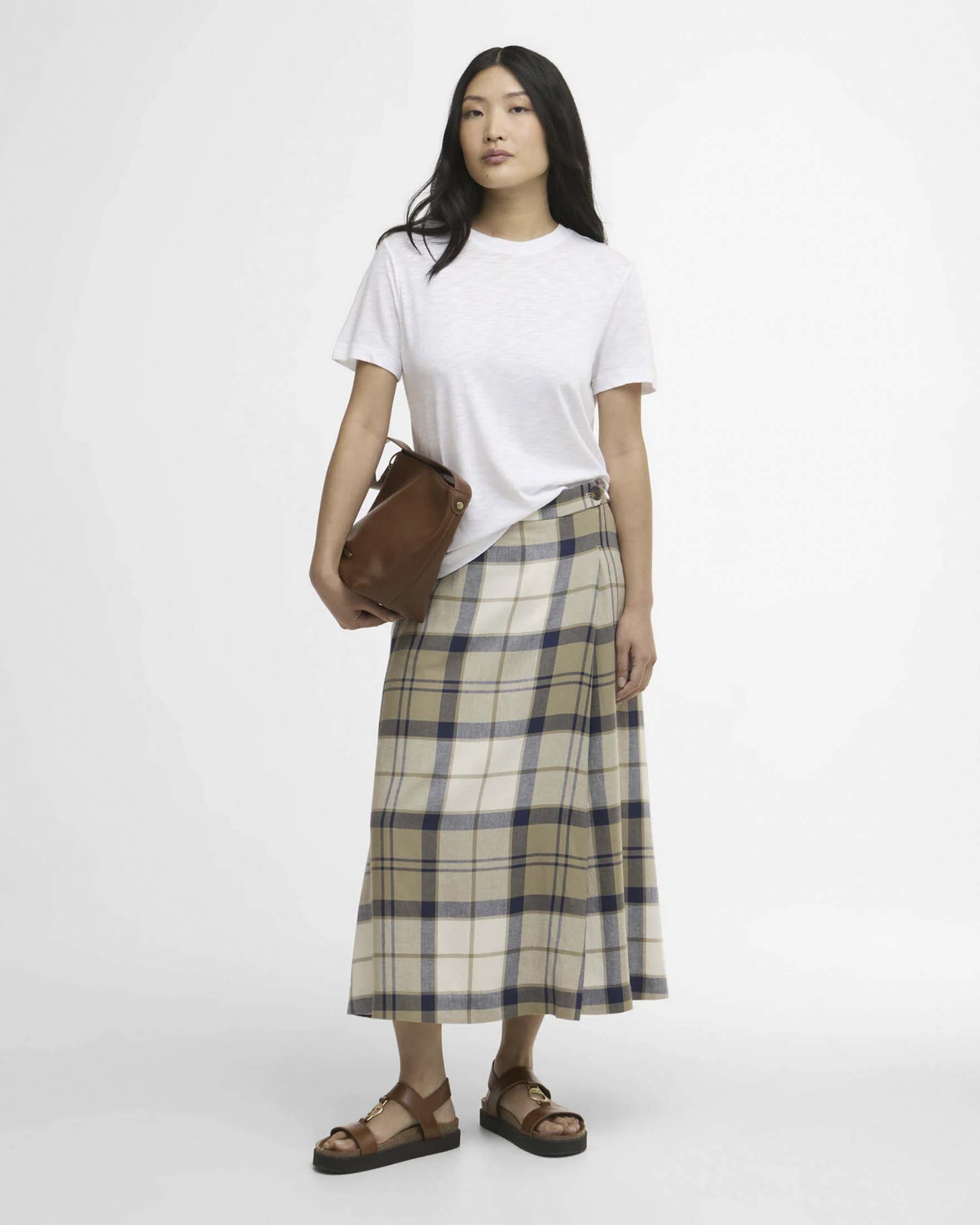 Gonna midi svasata Ballina Barbour beige con motivo tartan all-over