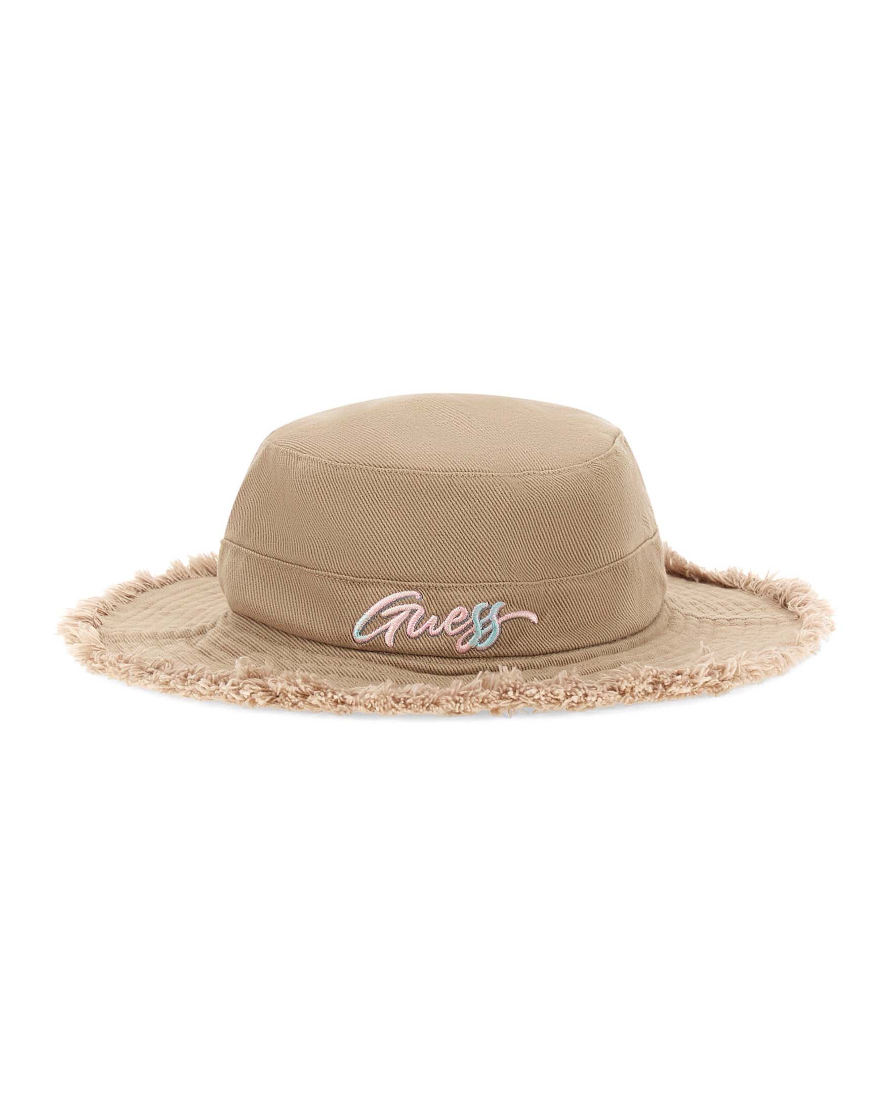 Berretto da pescatore Guess beige in cotone con frange e logo ricamato