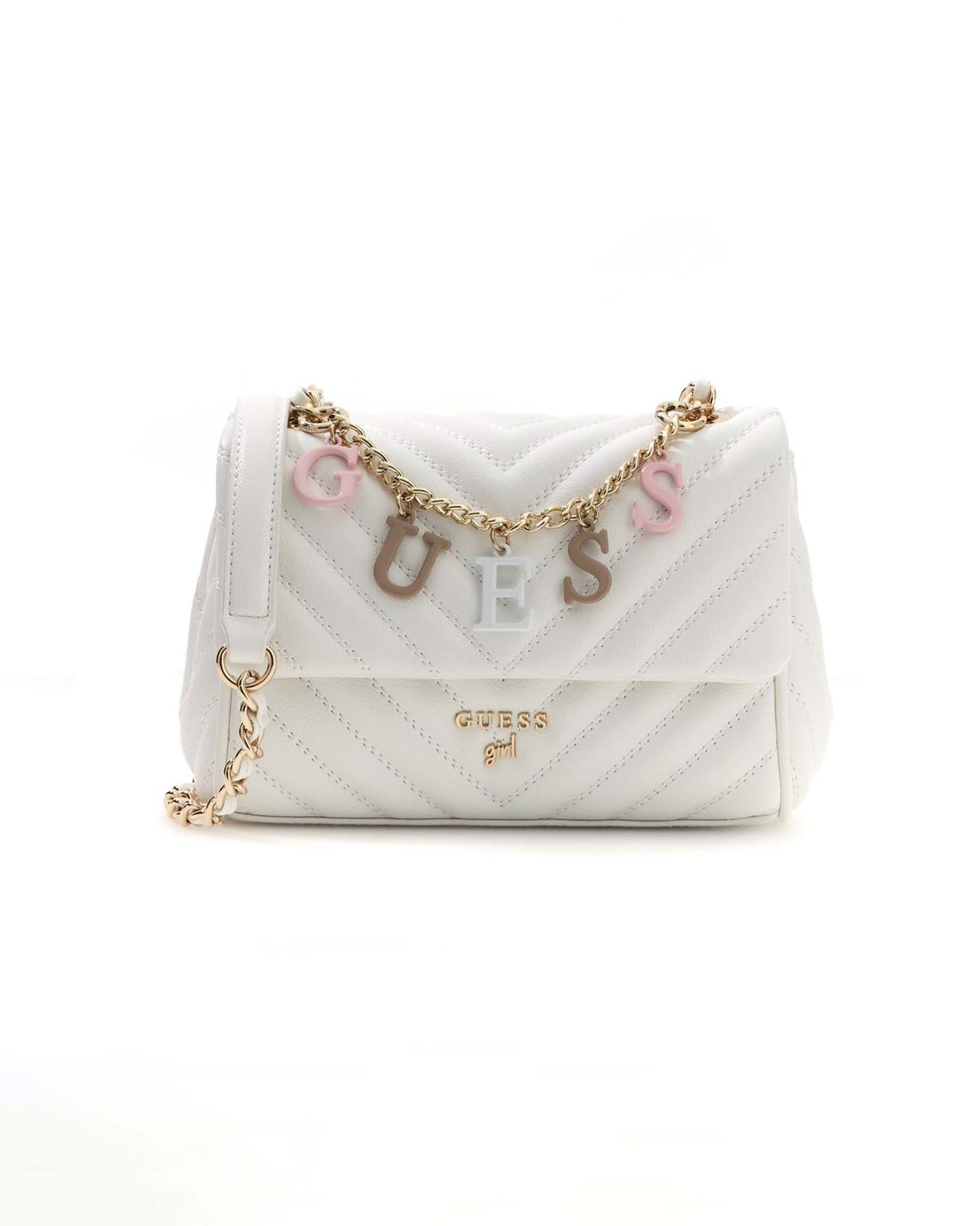Borsa avorio in similpelle trapuntata con logo in metallo