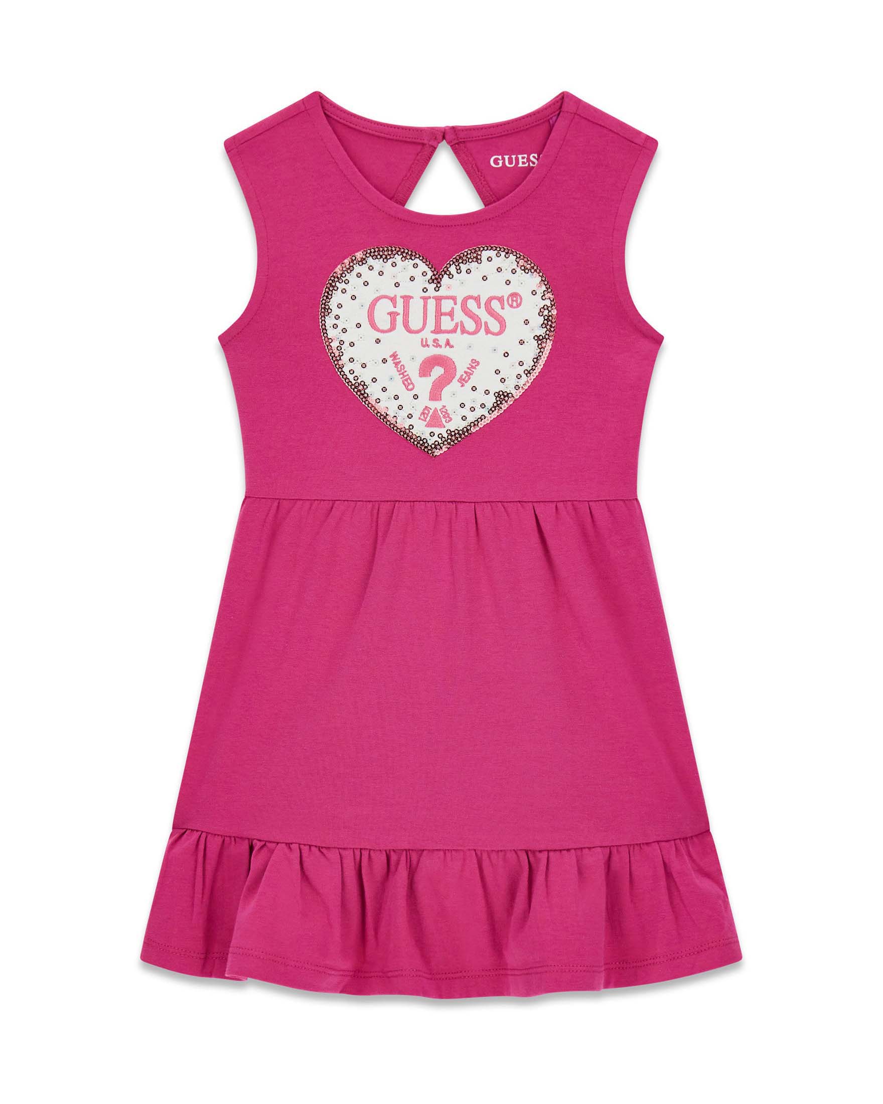 Abito smanicato fucsia in misto cotone con cuore di paillettes e logo