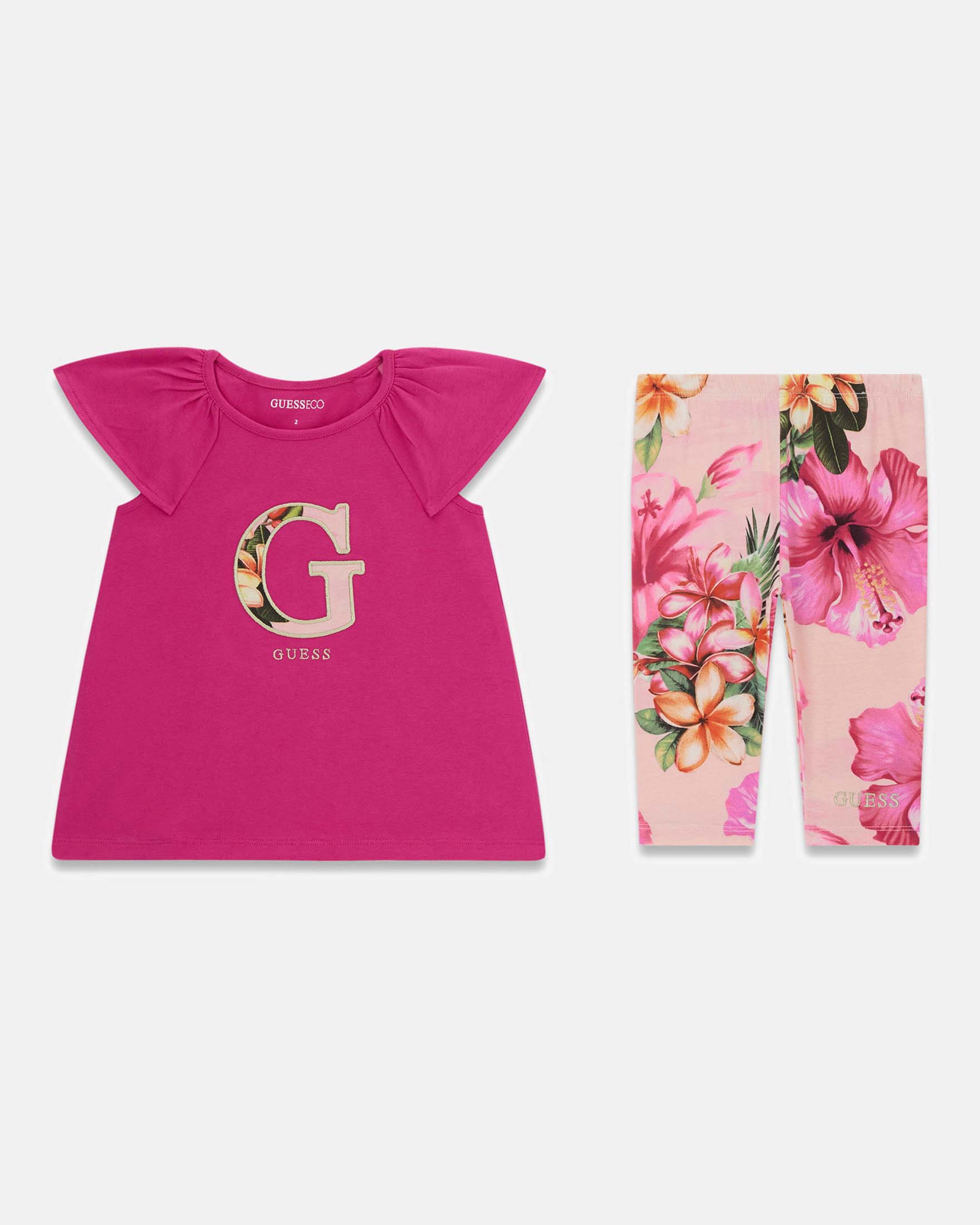 Completo T-shirt e leggings Guess fucsia in misto cotone con stampa floreale