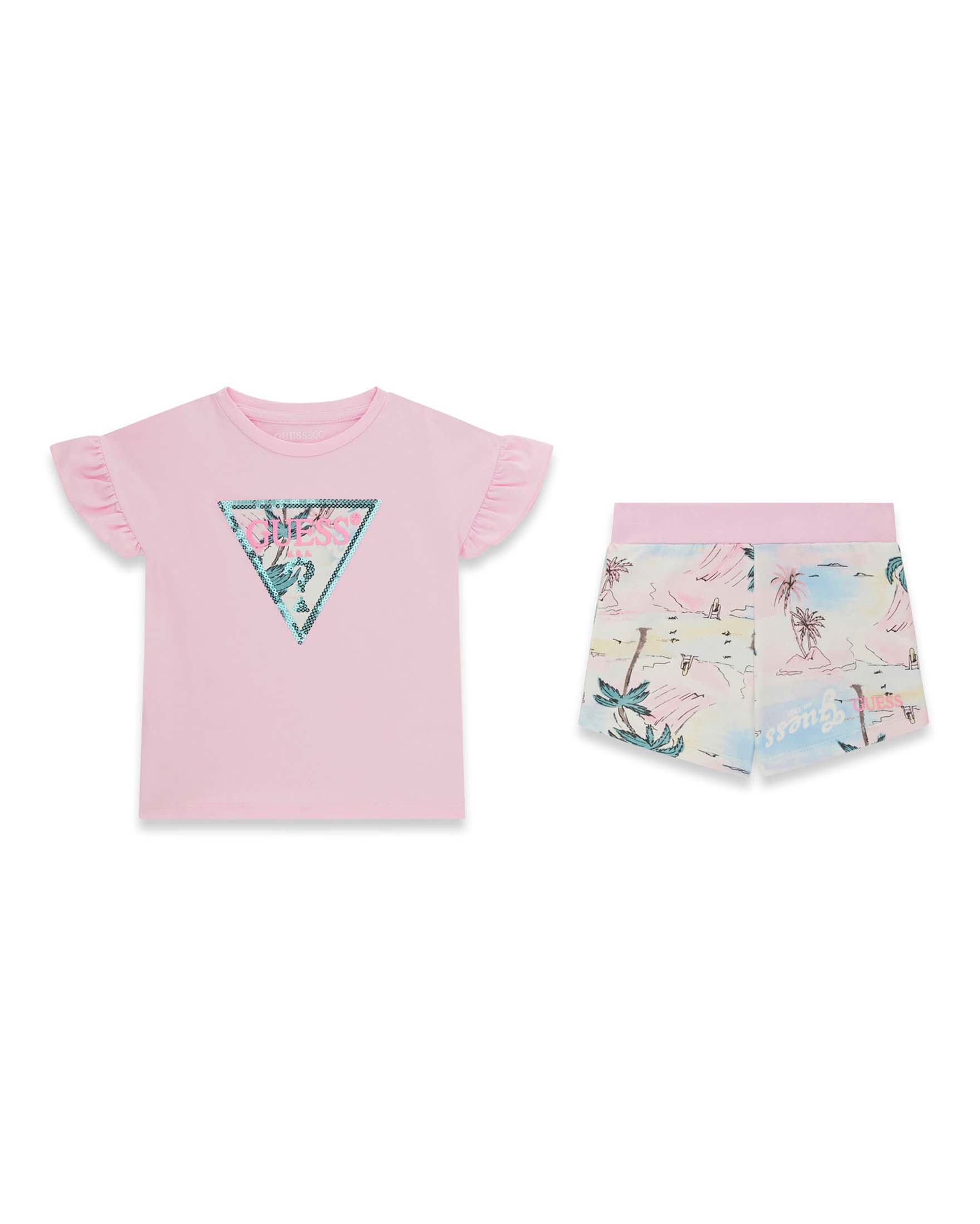 Completo Guess rosa in misto cotone con T-shirt con stampa logo e pantaloncini
