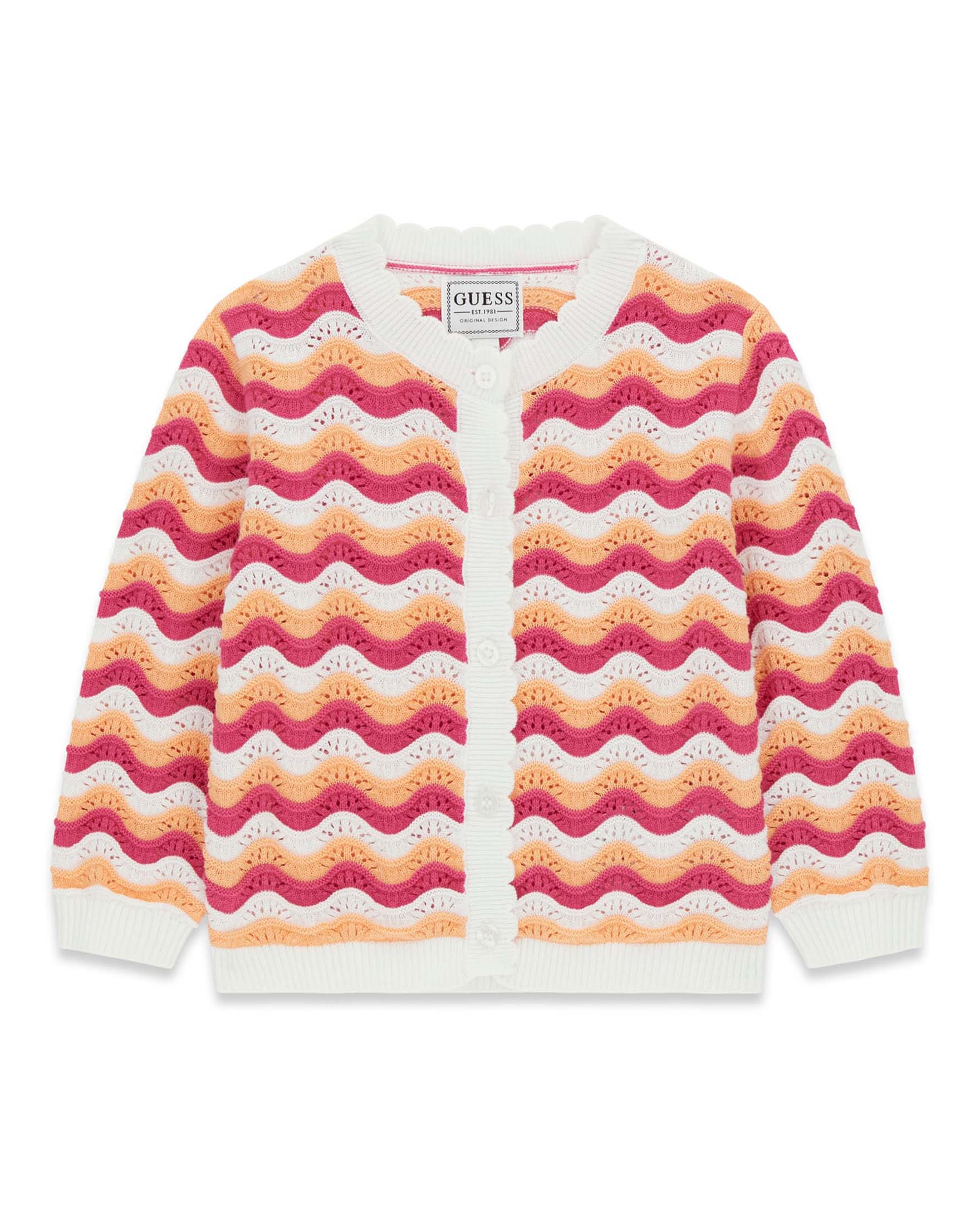 Cardigan a righe multicolore in cotone con lavorazione all'uncinetto