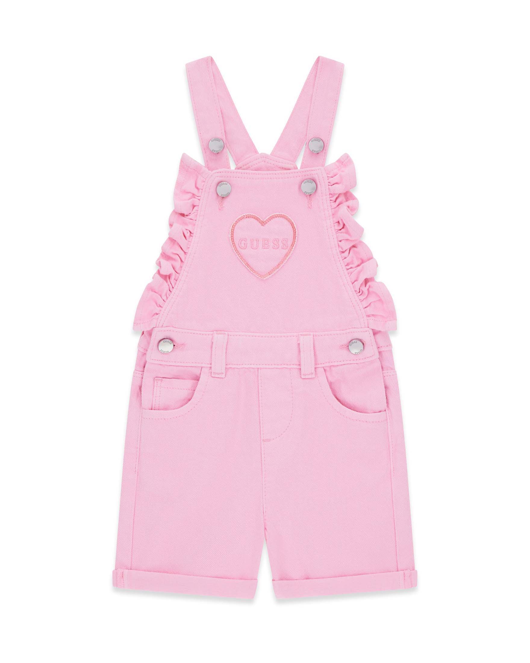 Salopette corta Guess rosa in cotone con cuore in paillettes e logo ricamato