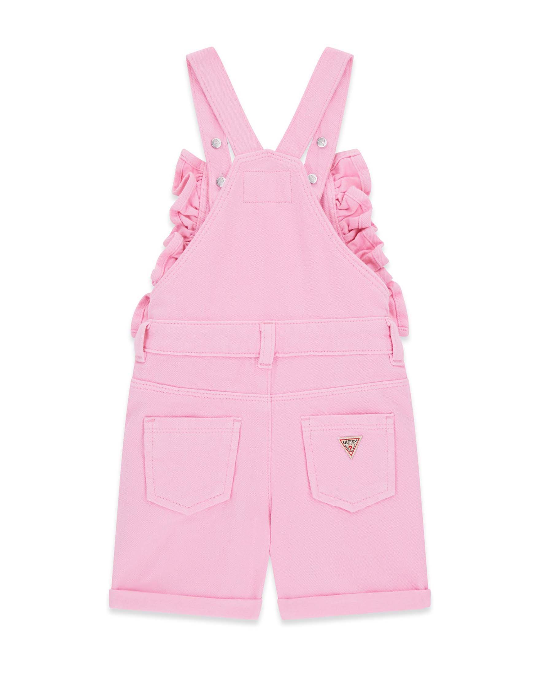 Salopette corta Guess rosa in cotone con cuore in paillettes e logo ricamato image