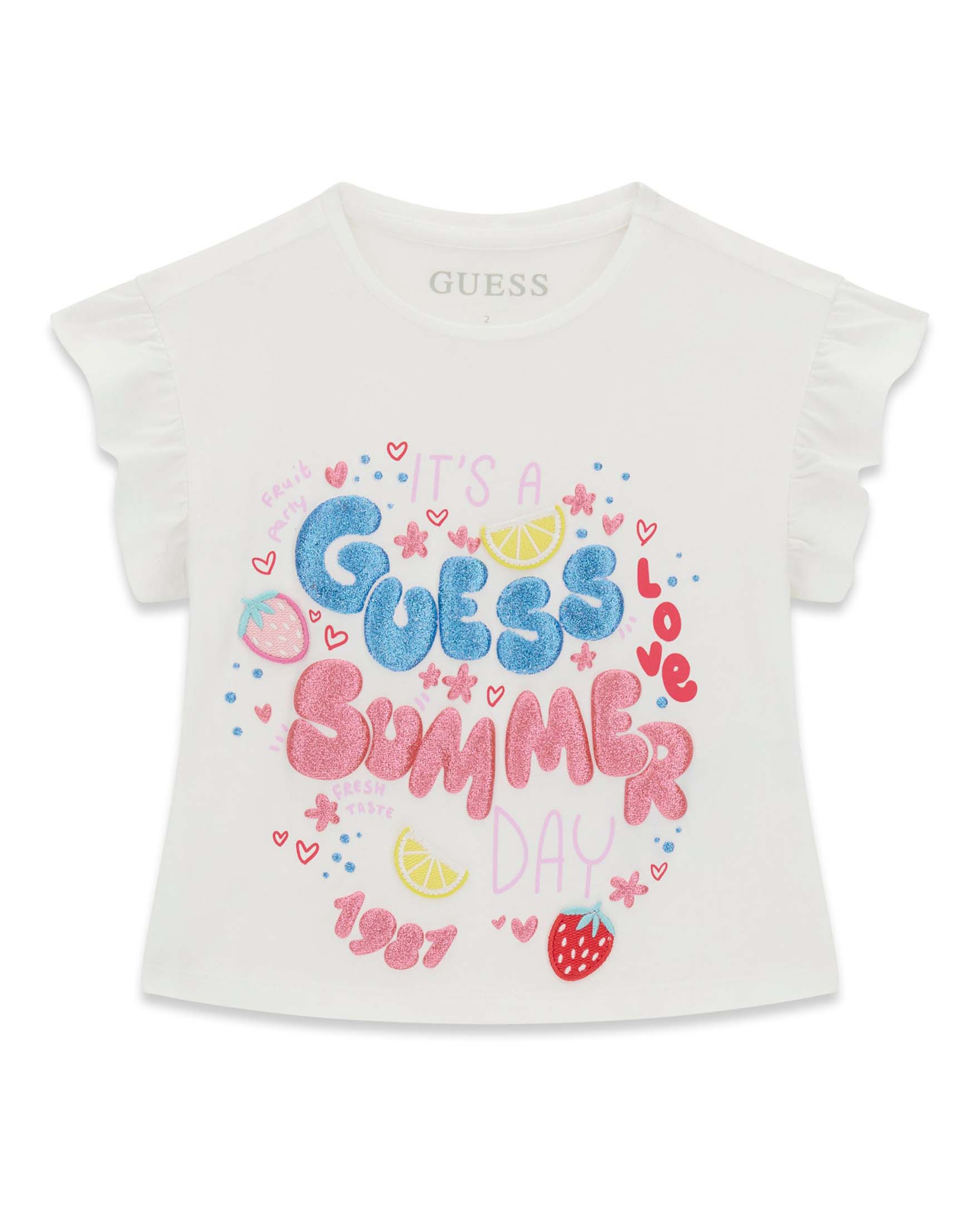 T-shirt mezza manica bianca in misto cotone con stampa logo glitterata