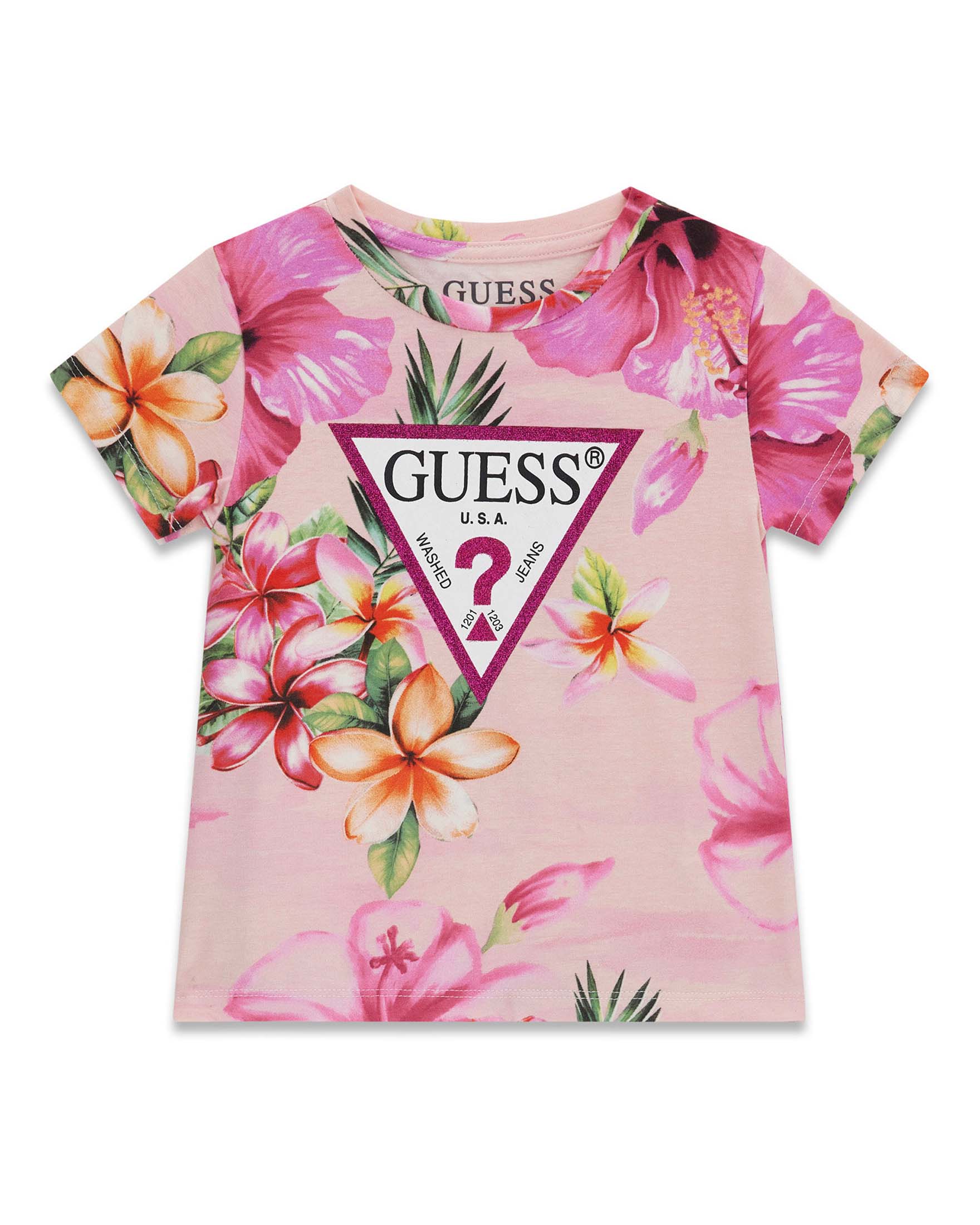T-shirt rosa in misto cotone con stampa floreale e logo stampato