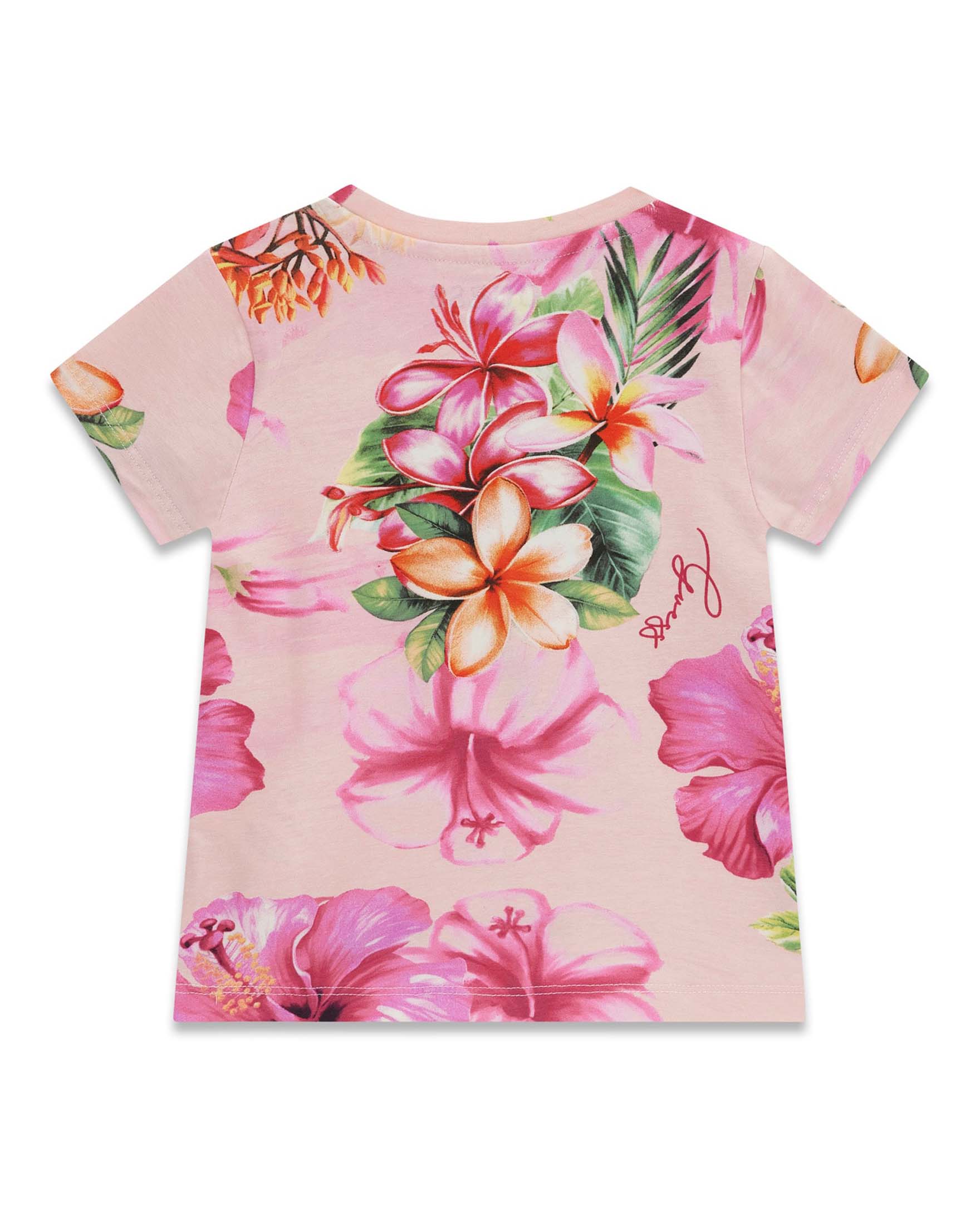 T-shirt Guess rosa in misto cotone con stampa floreale e logo stampato image