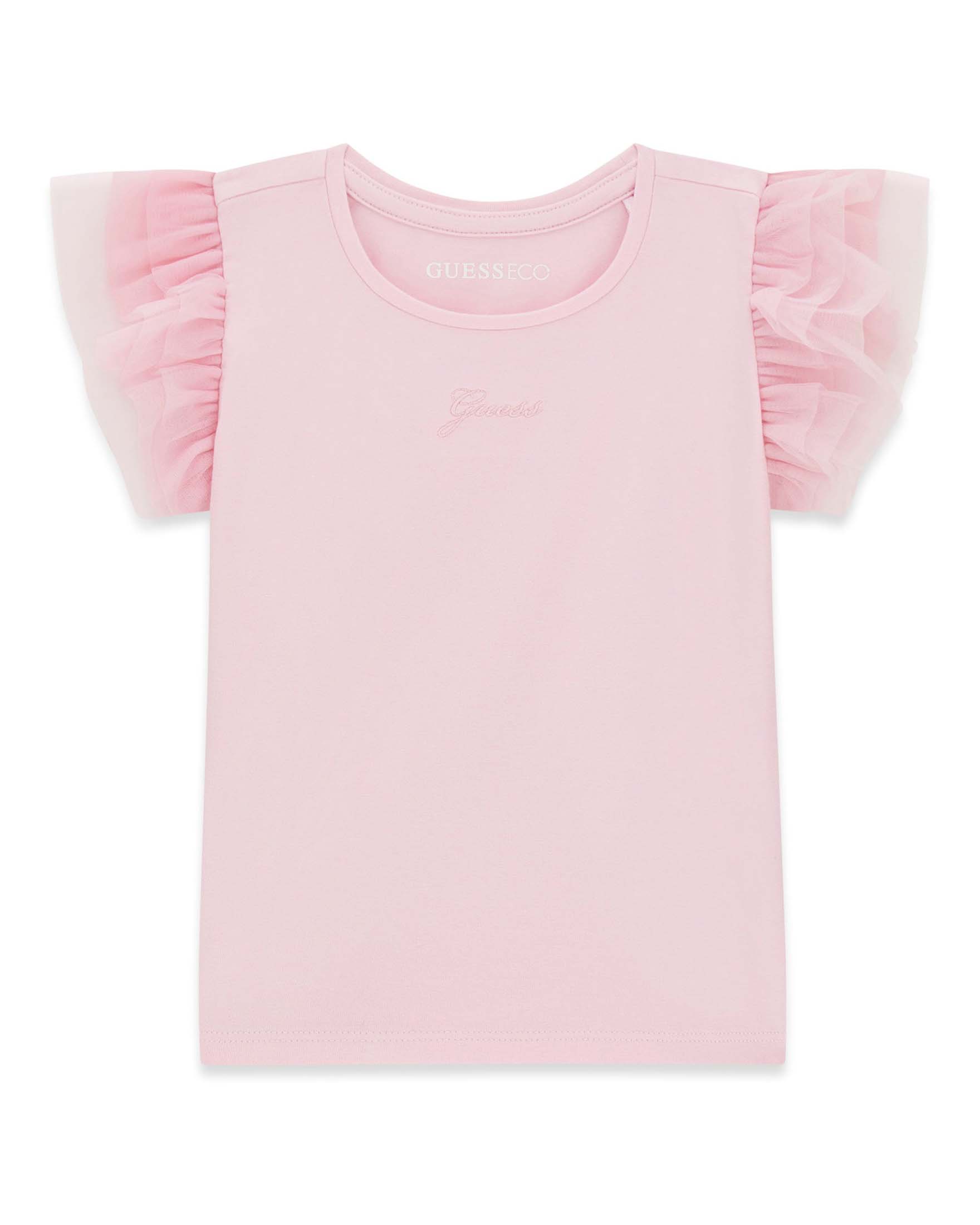 T-shirt rosa in misto cotone con logo ricamato e alette in tulle