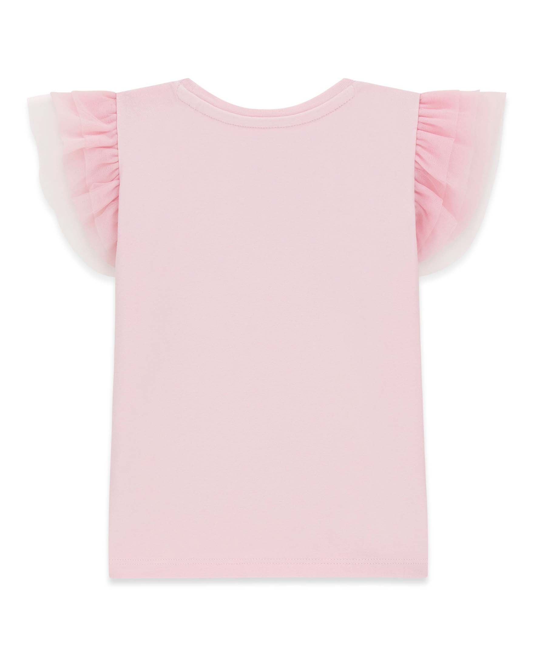 T-shirt Guess rosa in misto cotone con logo ricamato e alette in tulle image