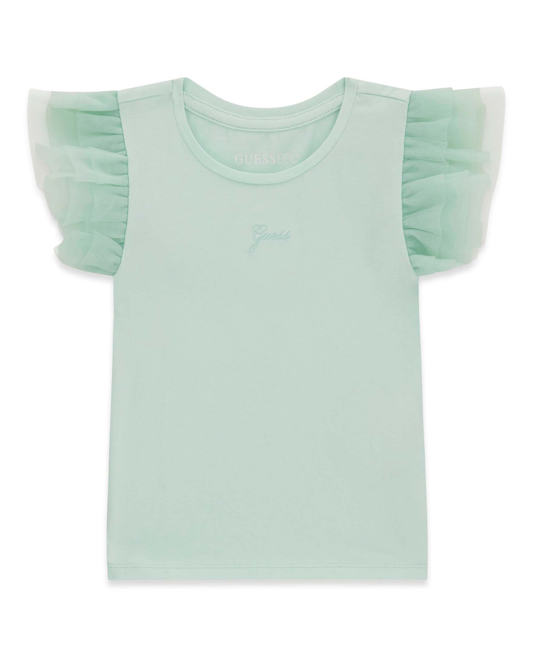 T-shirt verde acqua in misto cotone con maniche in tulle e logo ricamato