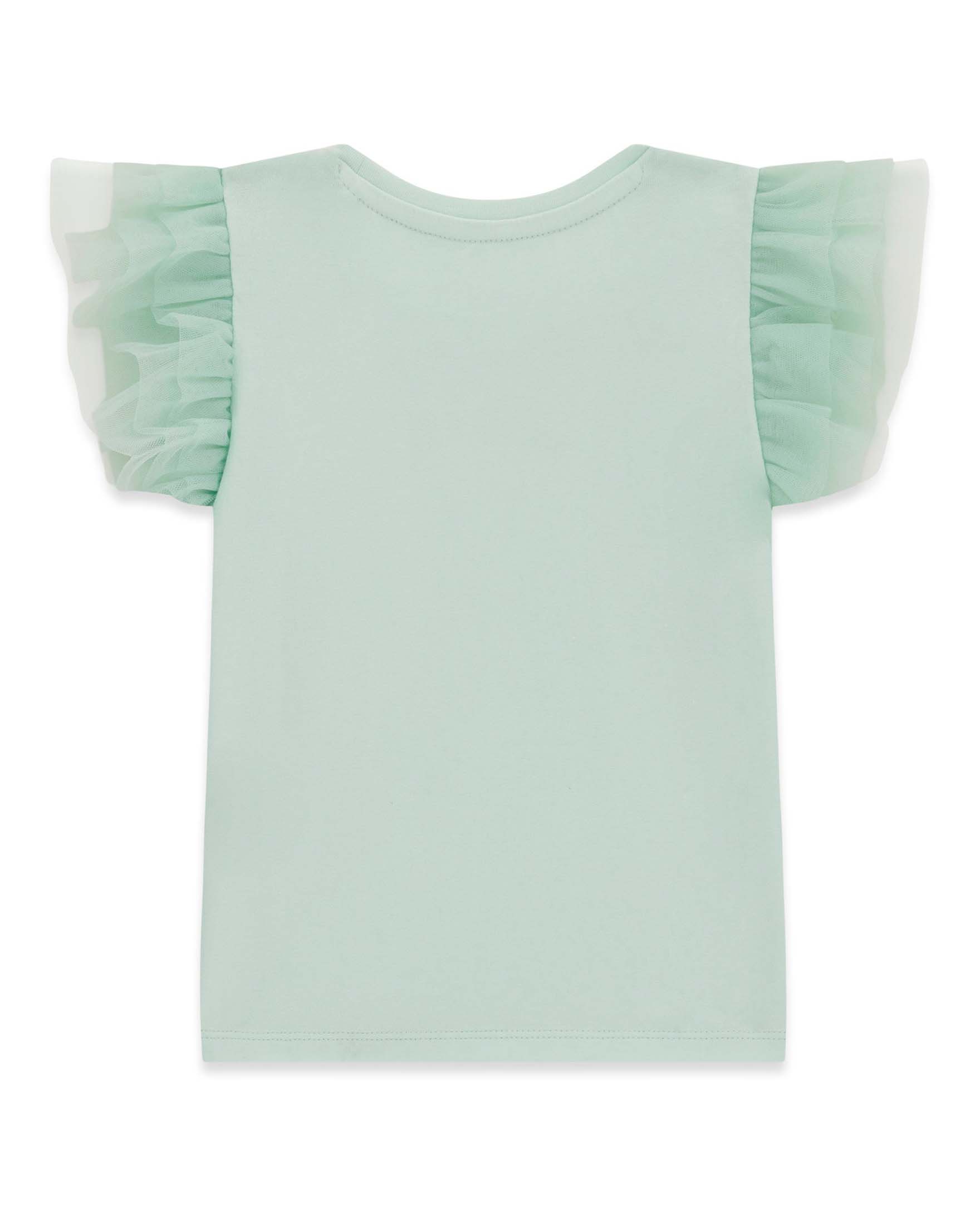 T-shirt Guess verde acqua in misto cotone con maniche in tulle e logo ricamato image