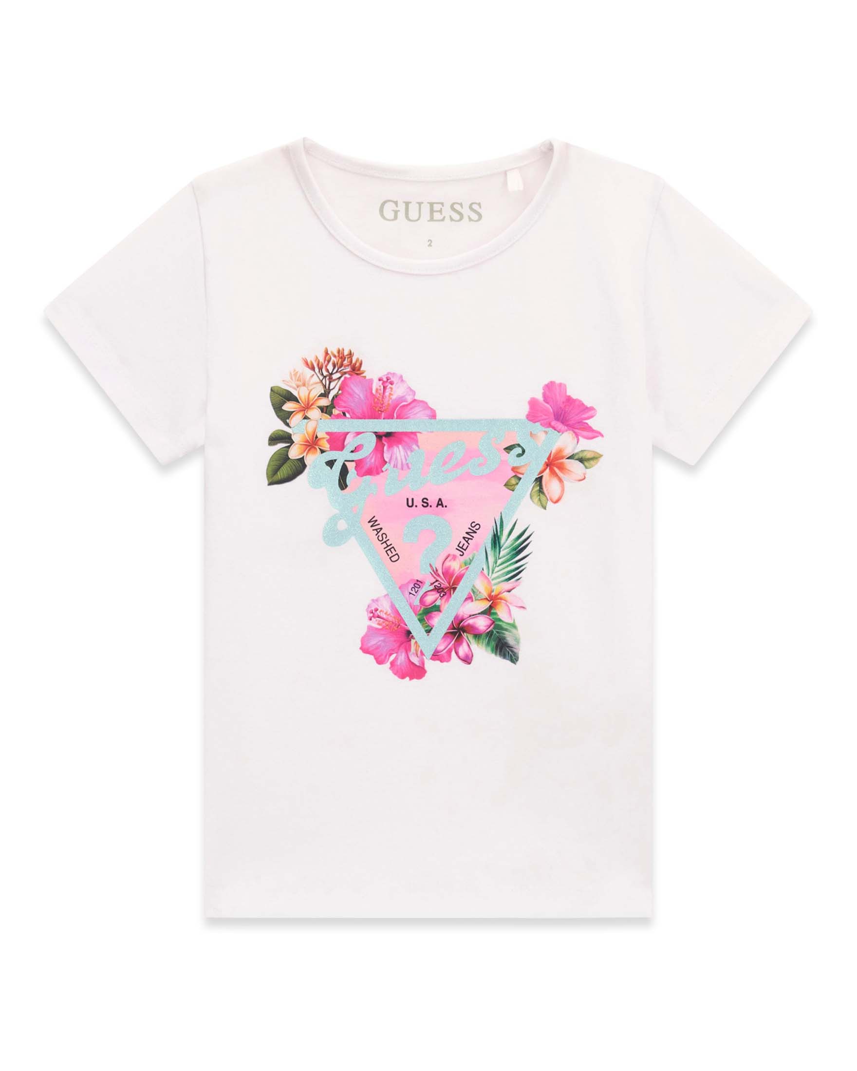 T-shirt mezza manica bianca in misto cotone con stampa logo floreale
