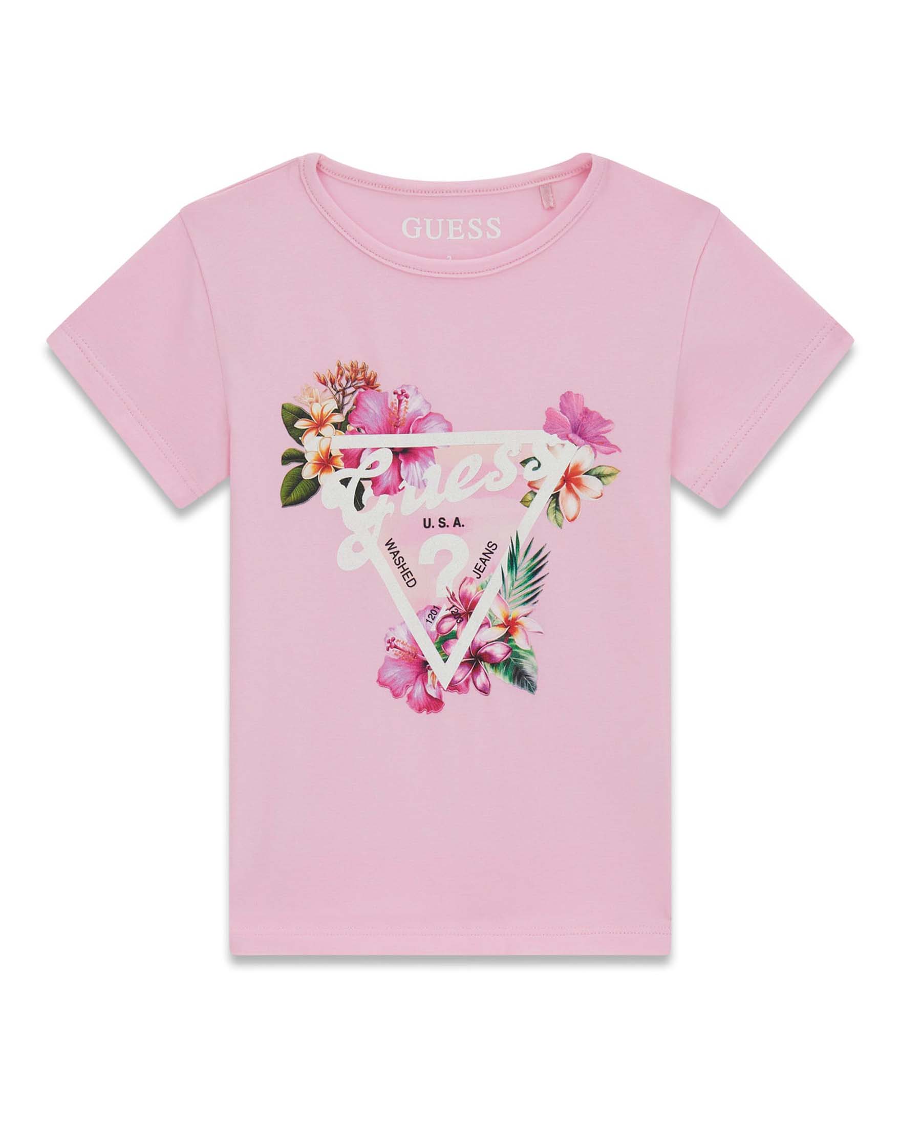 T-shirt mezza manica rosa in misto cotone con stampa logo floreale