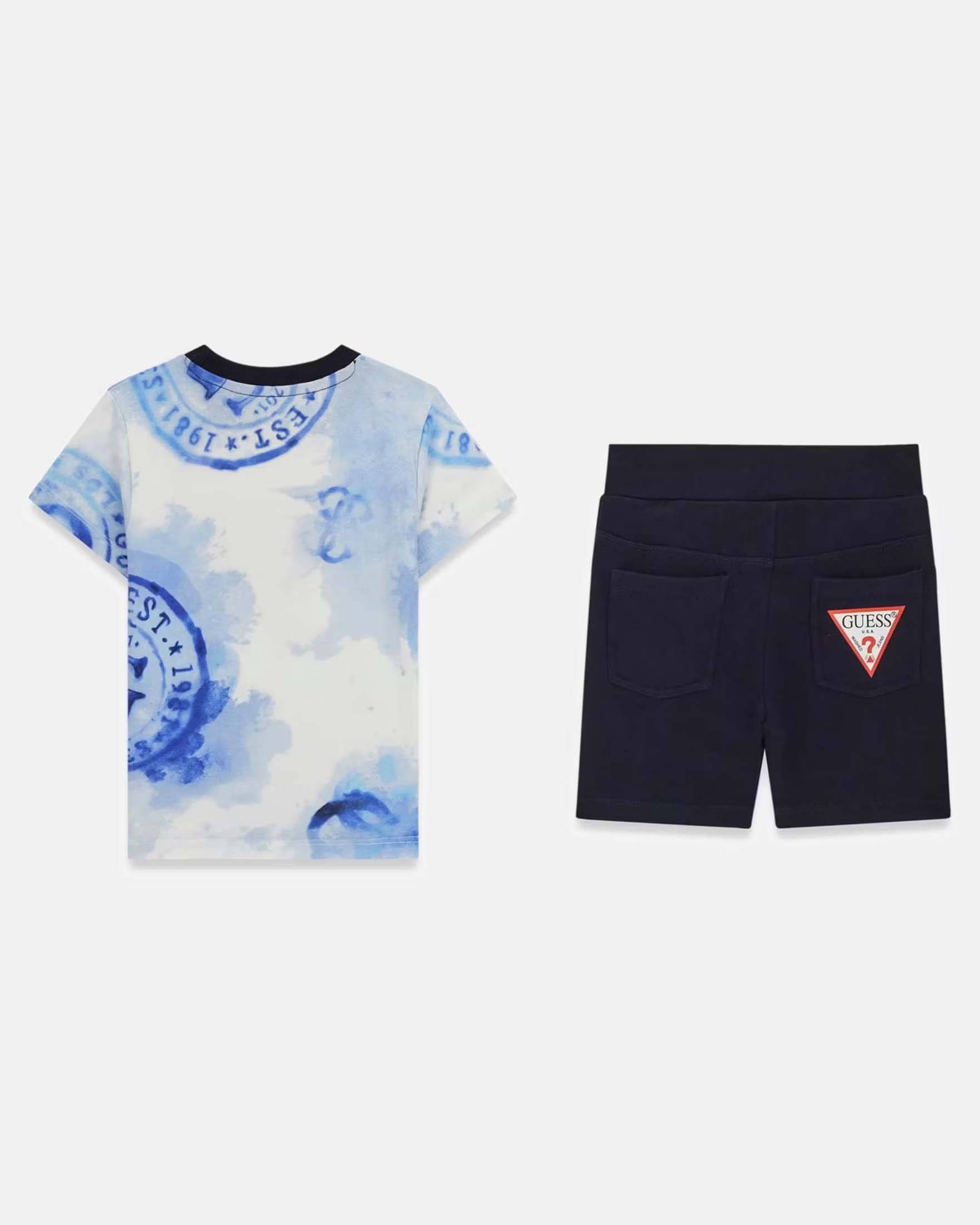 Completo con T-shirt e pantaloncini Guess blu in cotone con stampa logo image