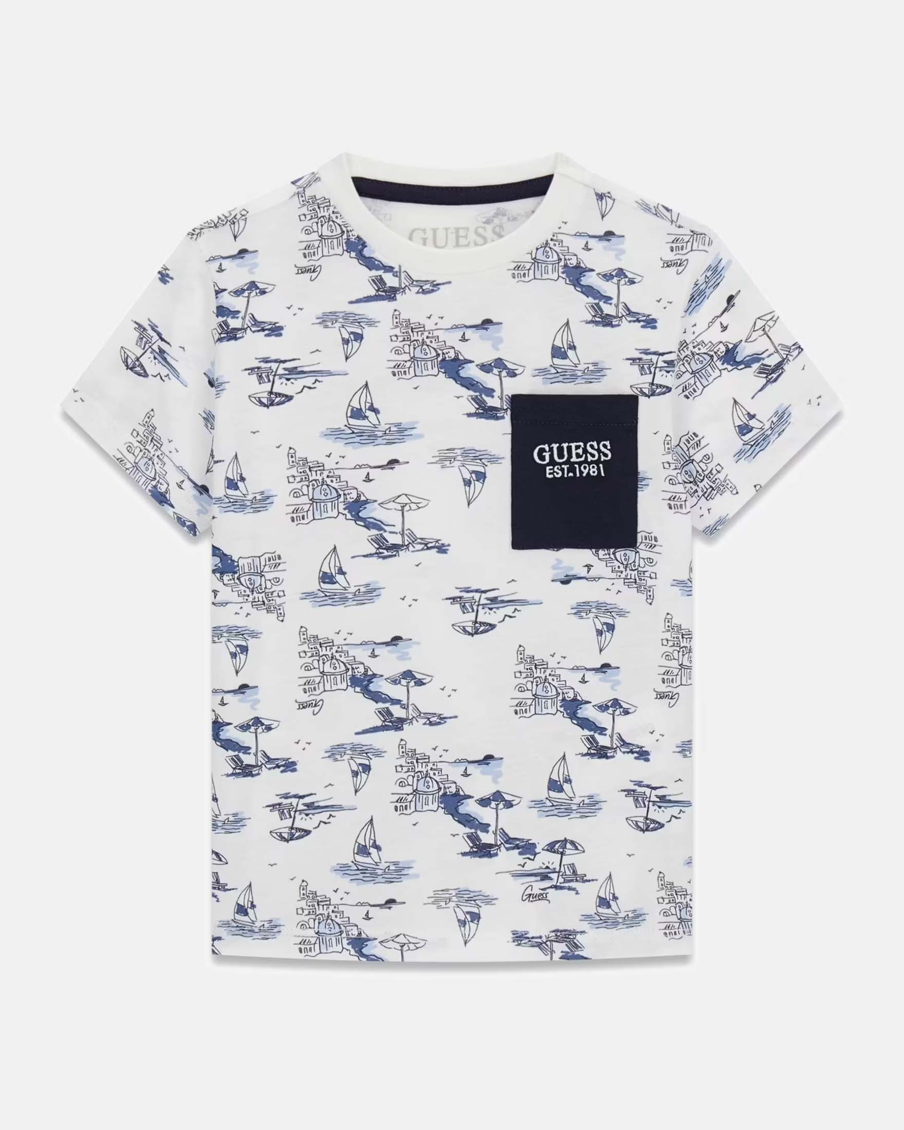 T-shirt bianca in cotone con stampa nautica e taschino con logo ricamato