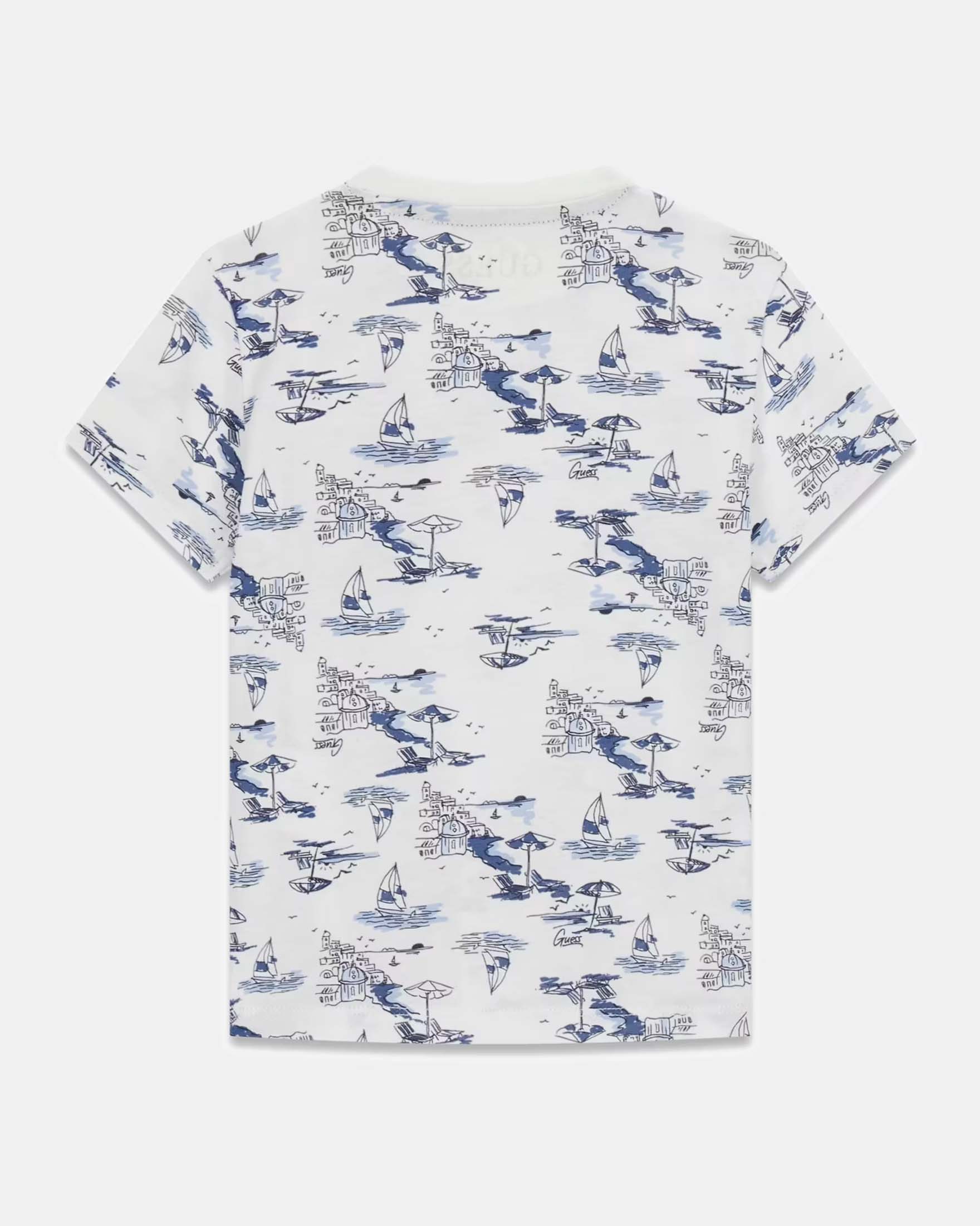 T-shirt Guess bianca in cotone con stampa nautica e taschino con logo ricamato image