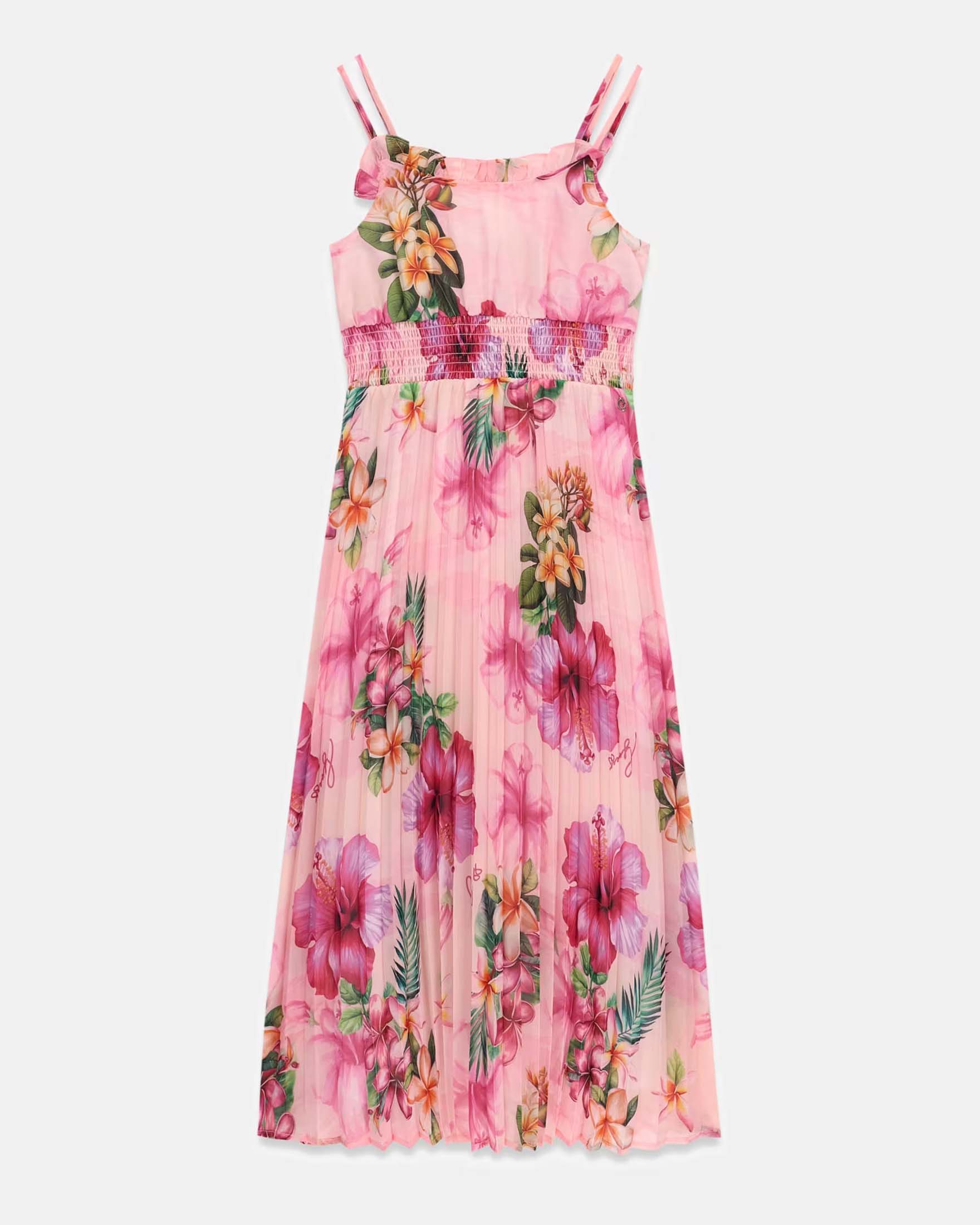 Abito rosa in chiffon plissettato con stampa floreale