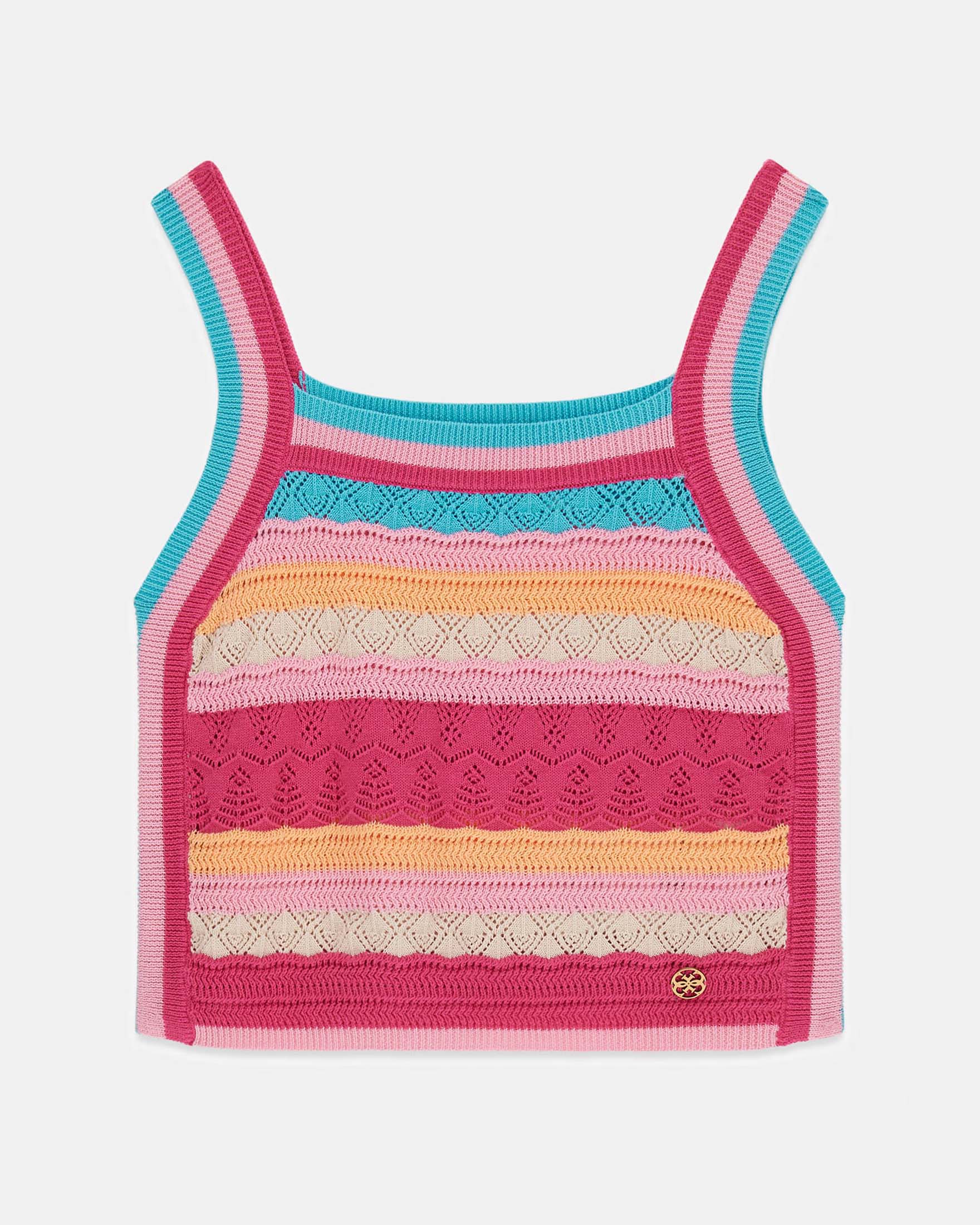 Top smanicato Guess multicolore a righe in maglia crochet di cotone