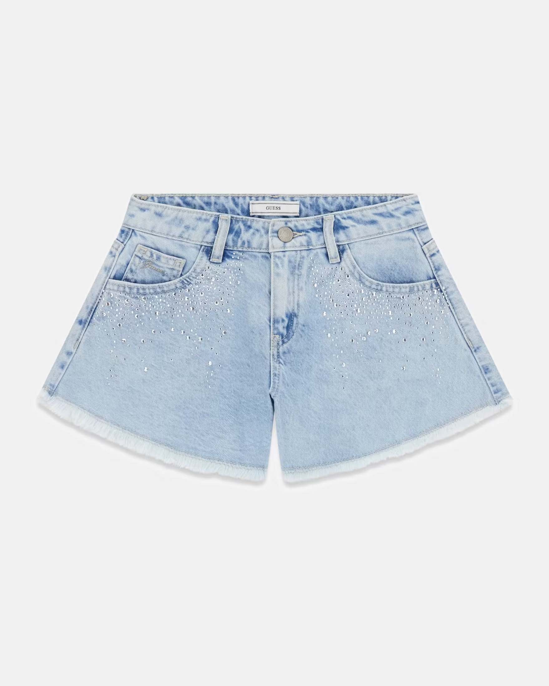 Shorts di jeans Guess lavaggio chiaro in cotone con strass e placca logo