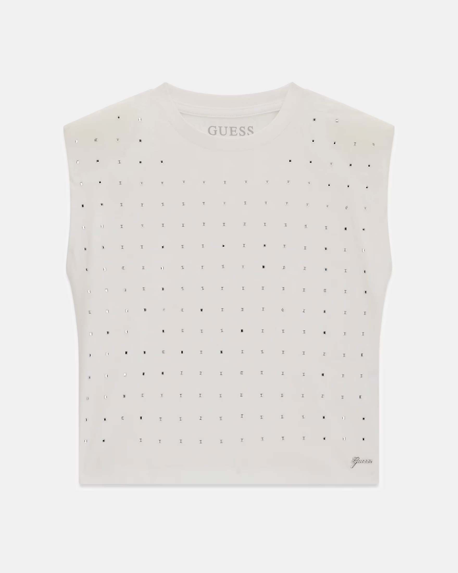 T-shirt smanicata bianca in cotone con strass e logo stampato