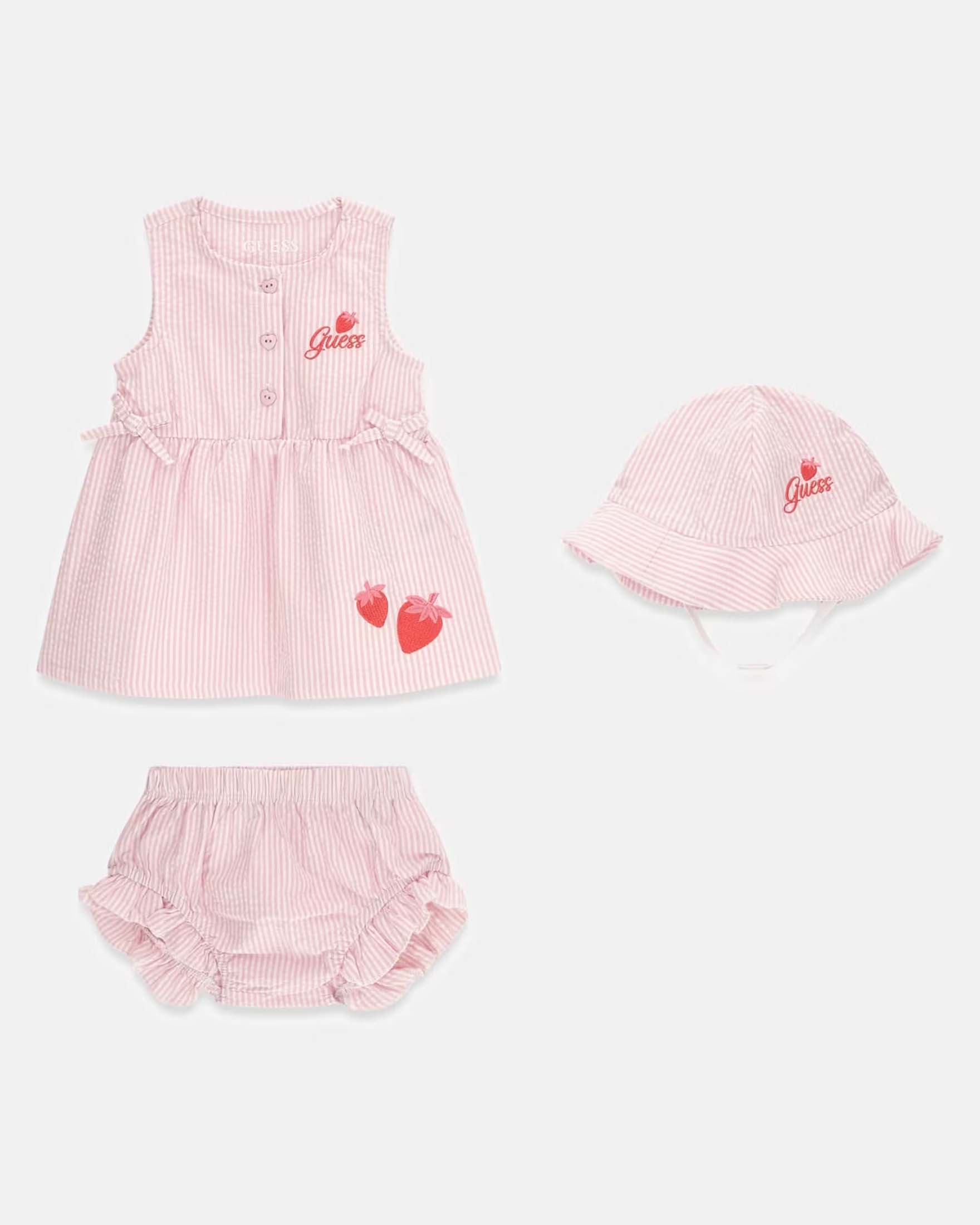 Completo Guess rosa a righe in cotone con ricamo fragola e logo