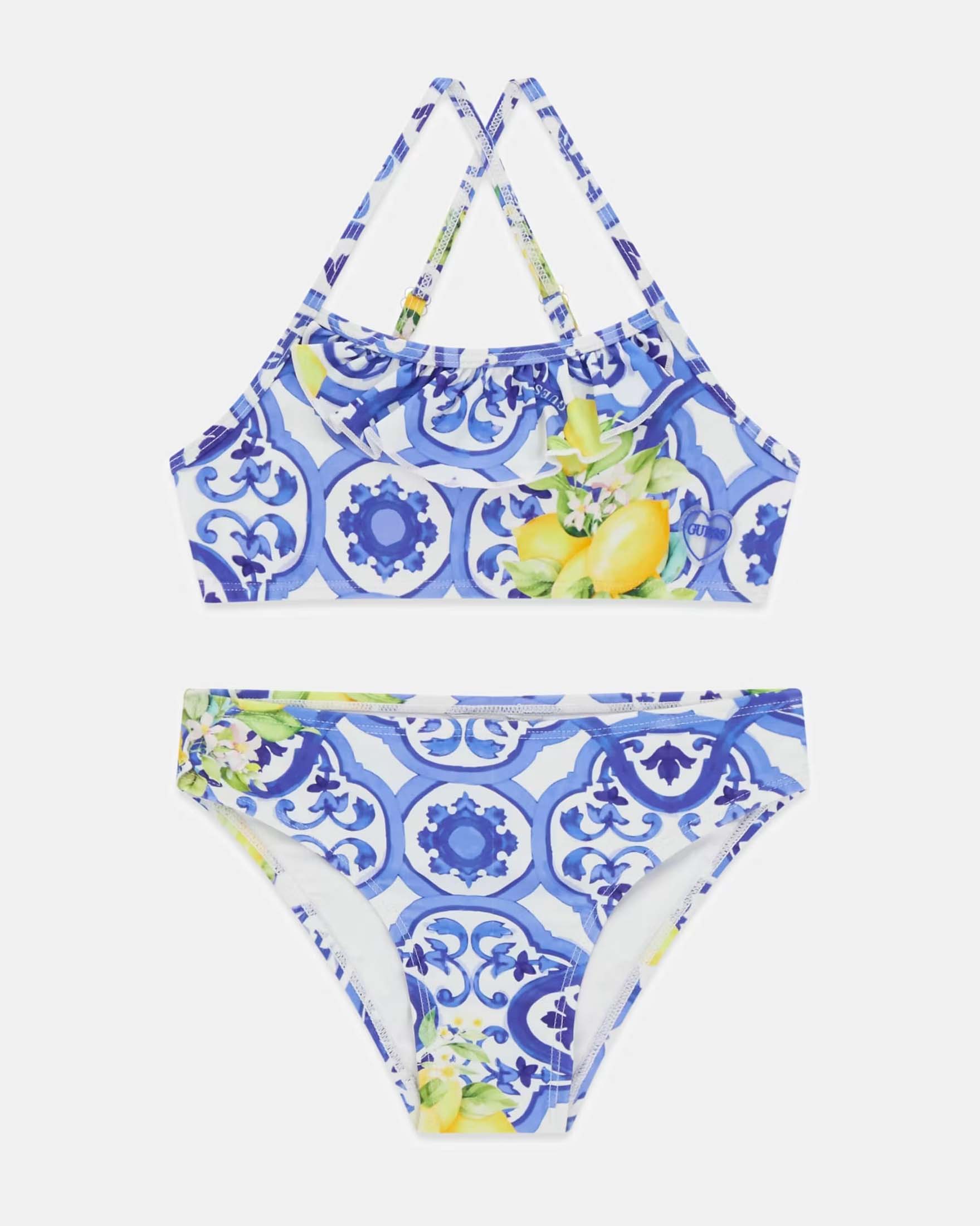 Bikini Guess azzurro in misto poliammide con stampa maiolica e limoni
