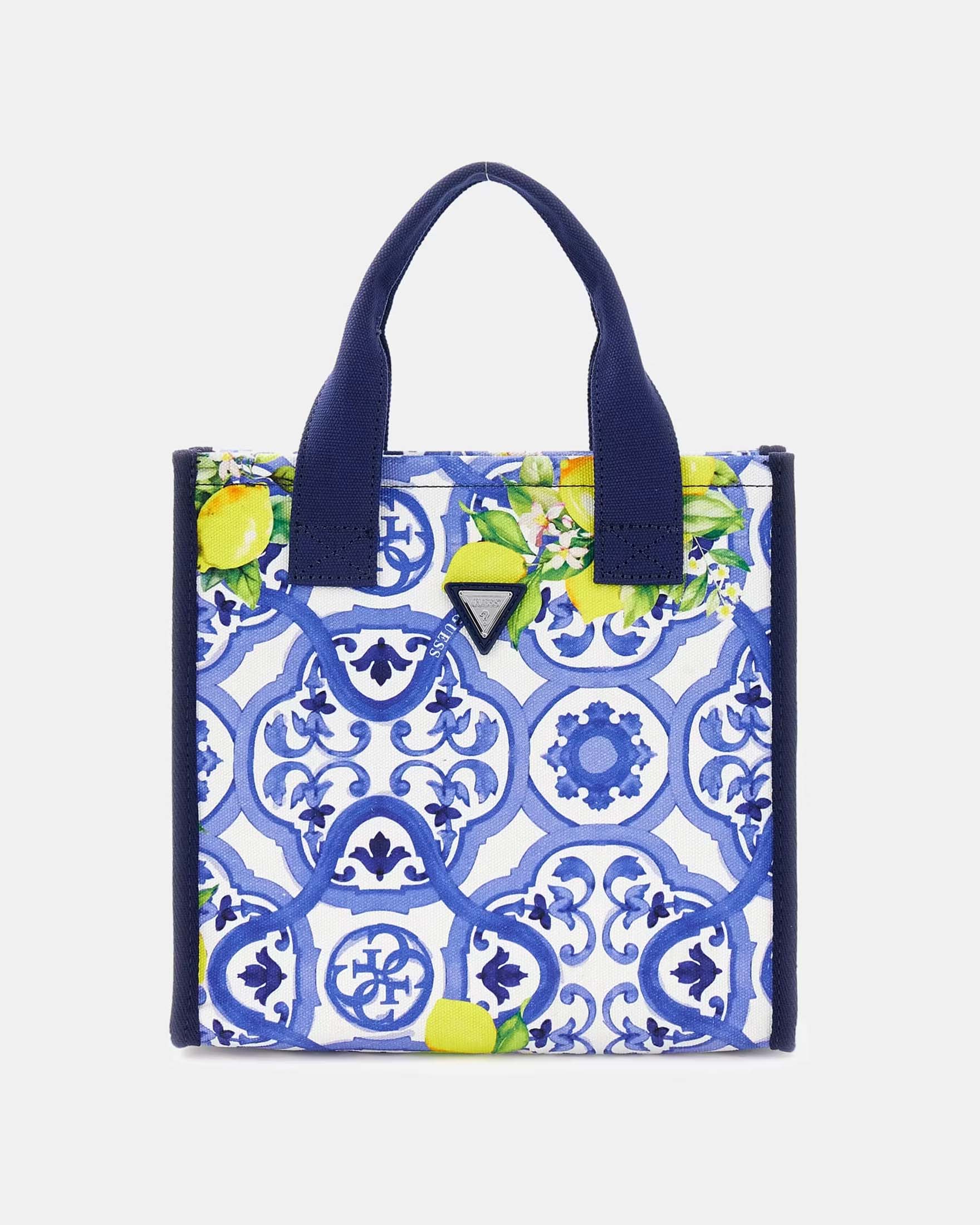 Borsa tote Guess azzurra in tela di cotone con stampa e logo a triangolo