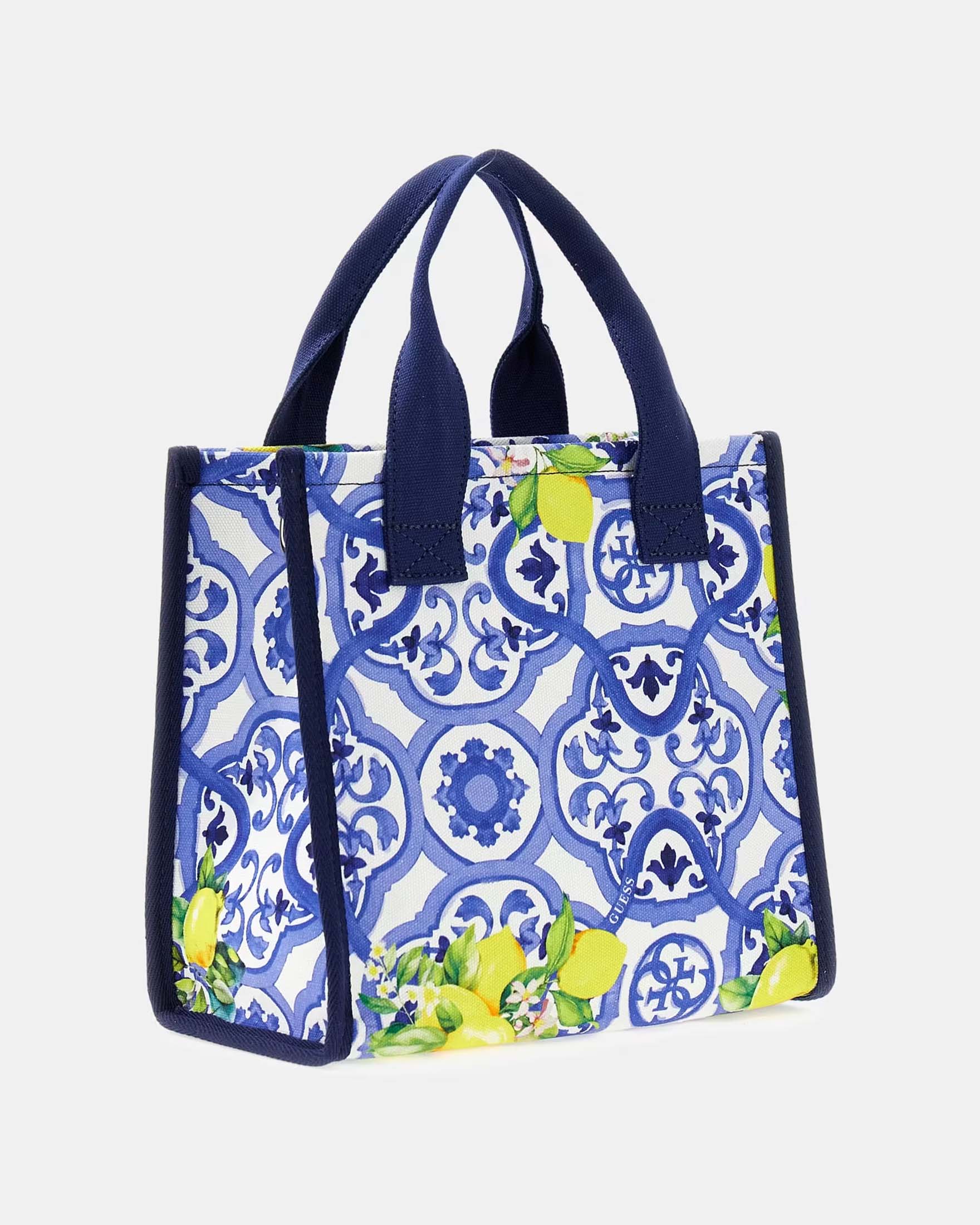 Borsa tote Guess azzurra in tela di cotone con stampa e logo a triangolo image
