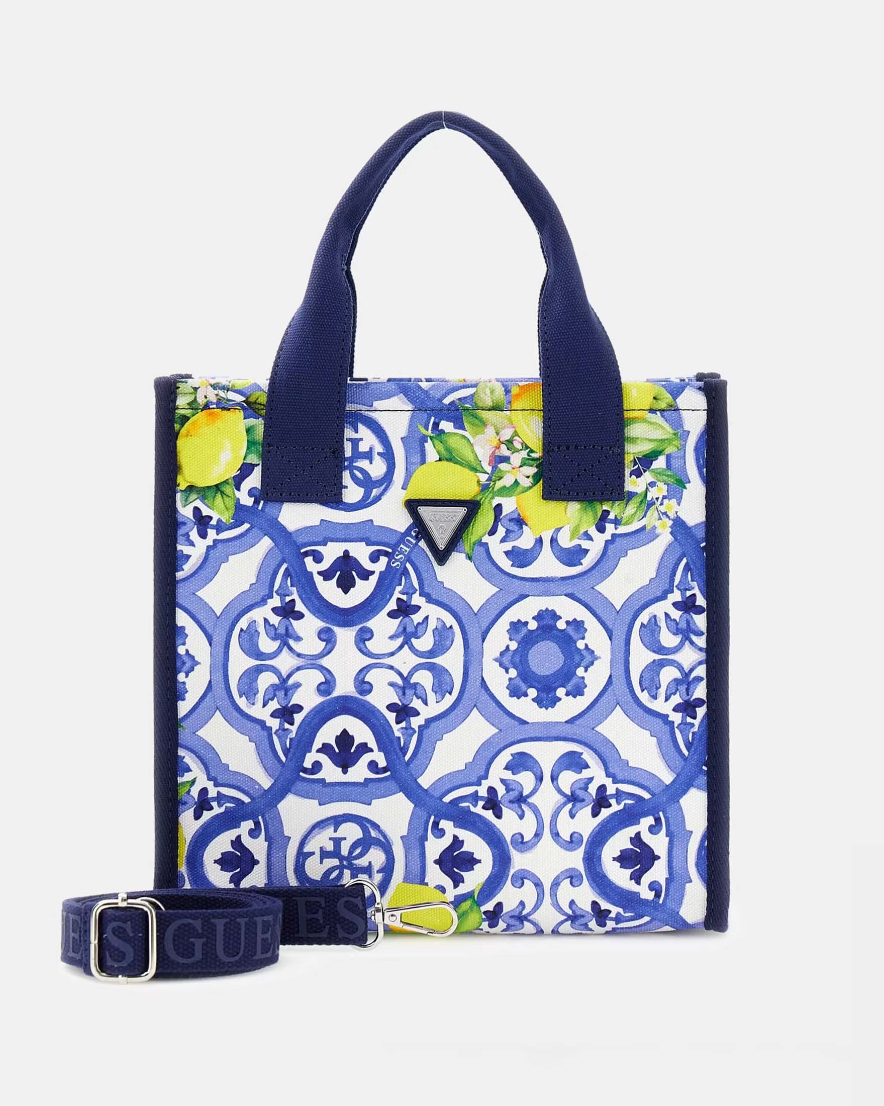 Borsa tote Guess azzurra in tela di cotone con stampa e logo a triangolo