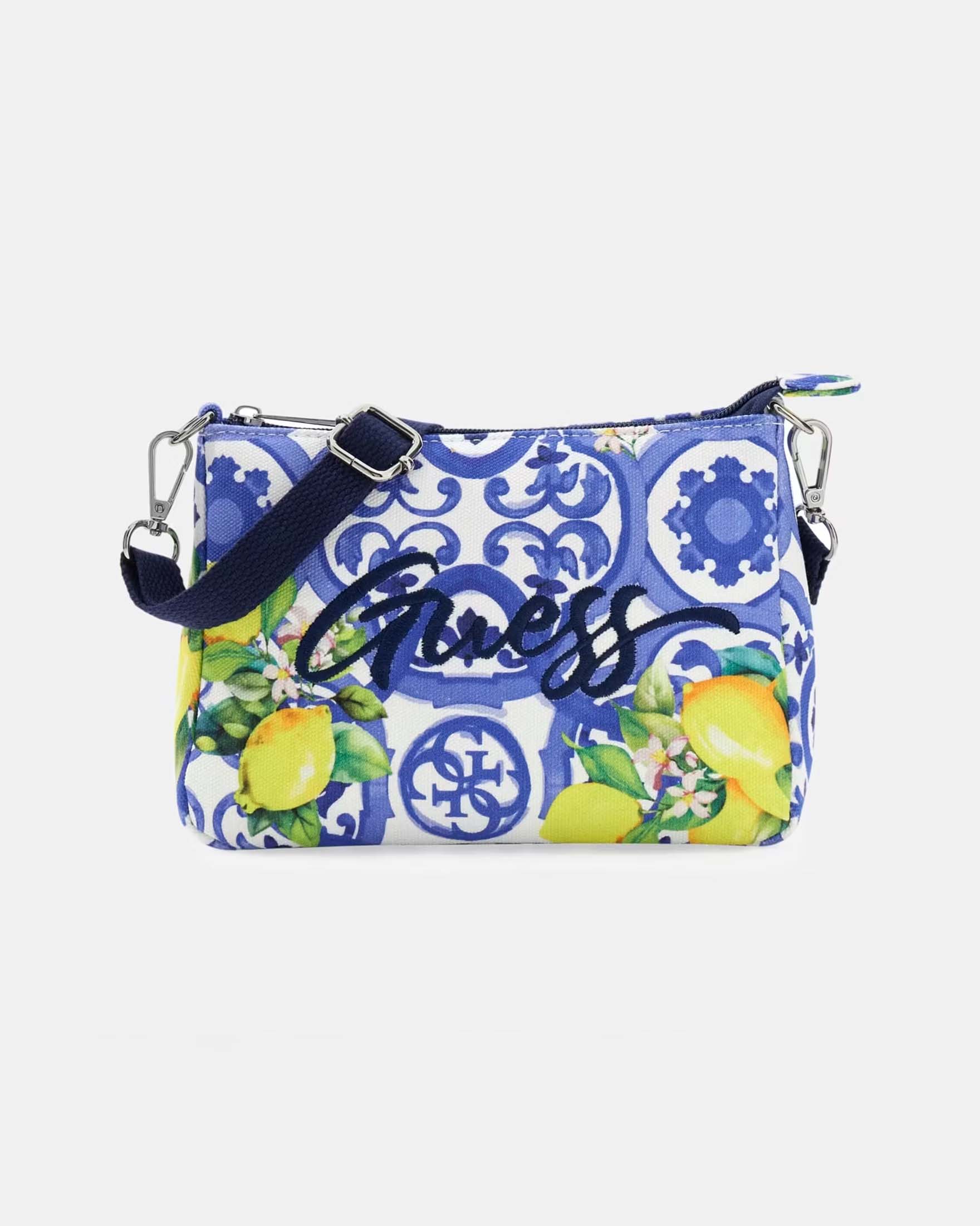 Pochette Guess azzurra in cotone con stampa multicolore e logo ricamato