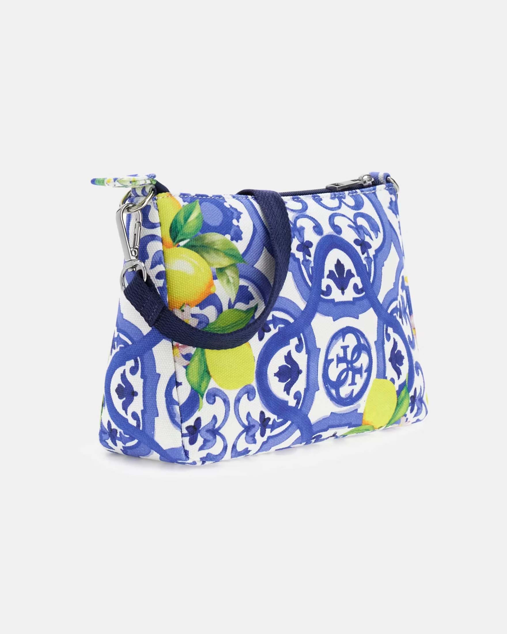 Pochette Guess azzurra in cotone con stampa multicolore e logo ricamato image