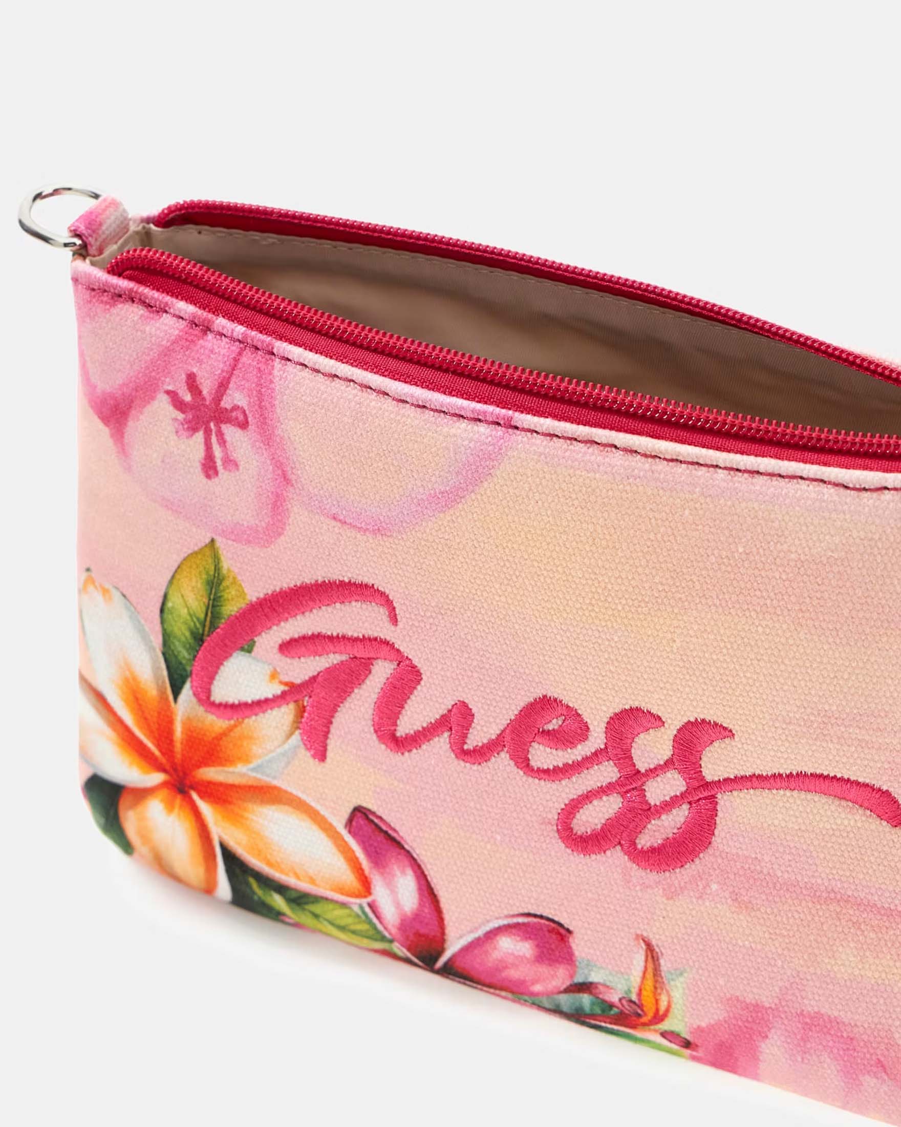 Borsa Guess rosa in cotone con stampa floreale e logo ricamato
