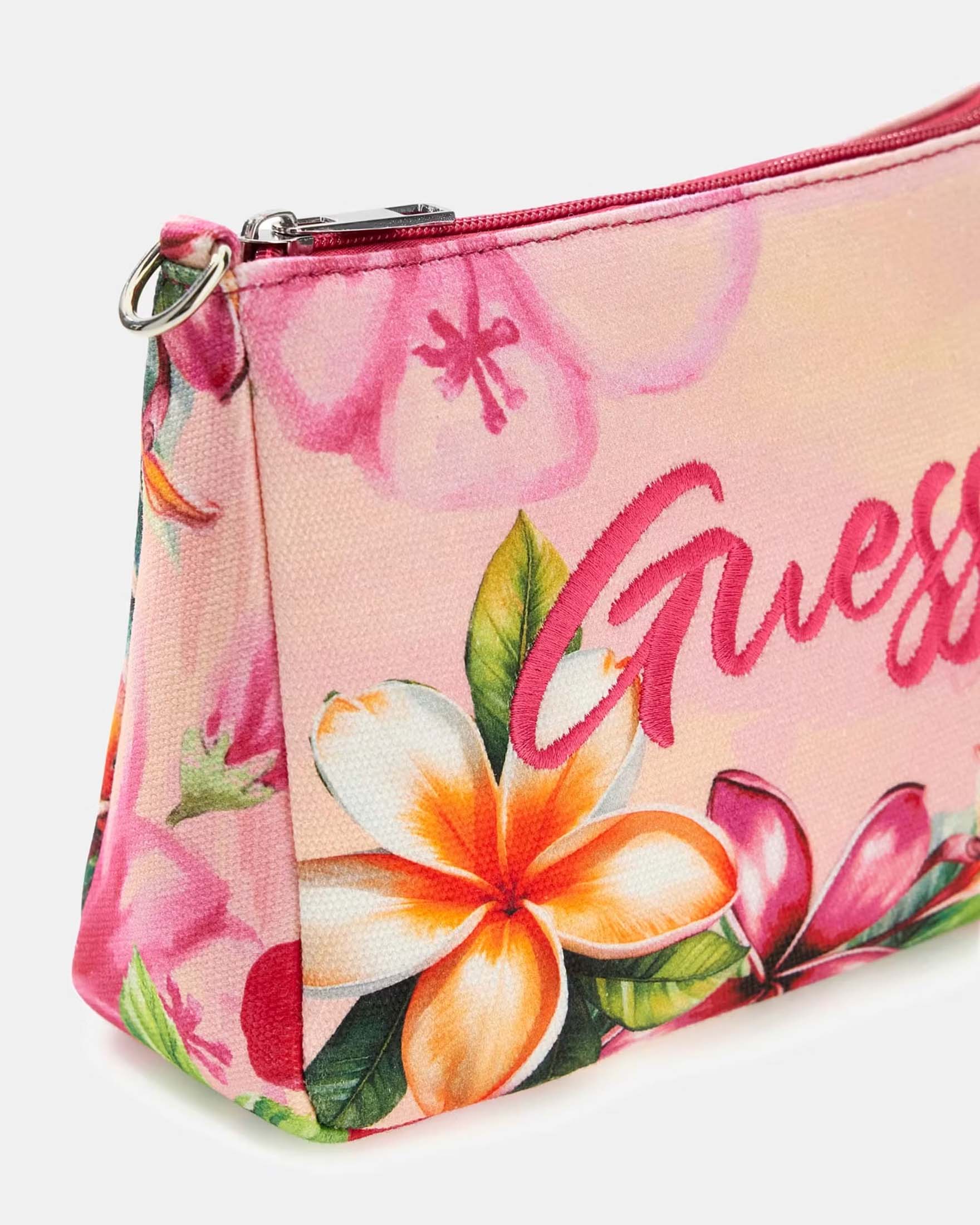 Borsa Guess rosa in cotone con stampa floreale e logo ricamato image