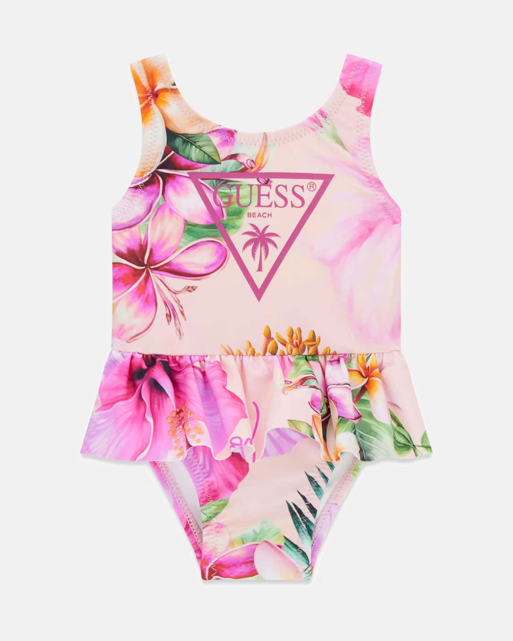 Costume intero rosa in misto poliammide con stampa floreale e volant
