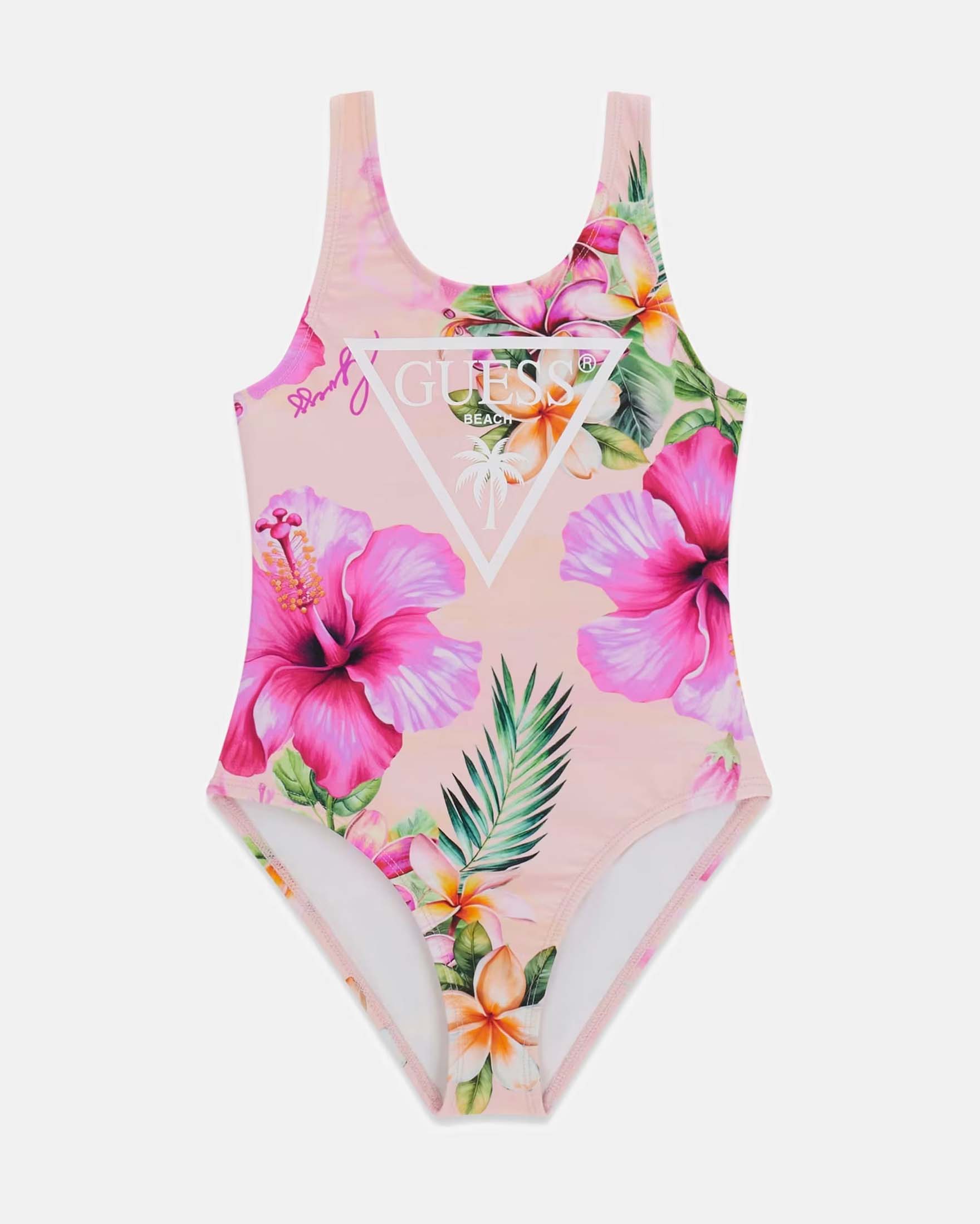 Costume intero rosa in misto poliammide con stampa floreale e logo