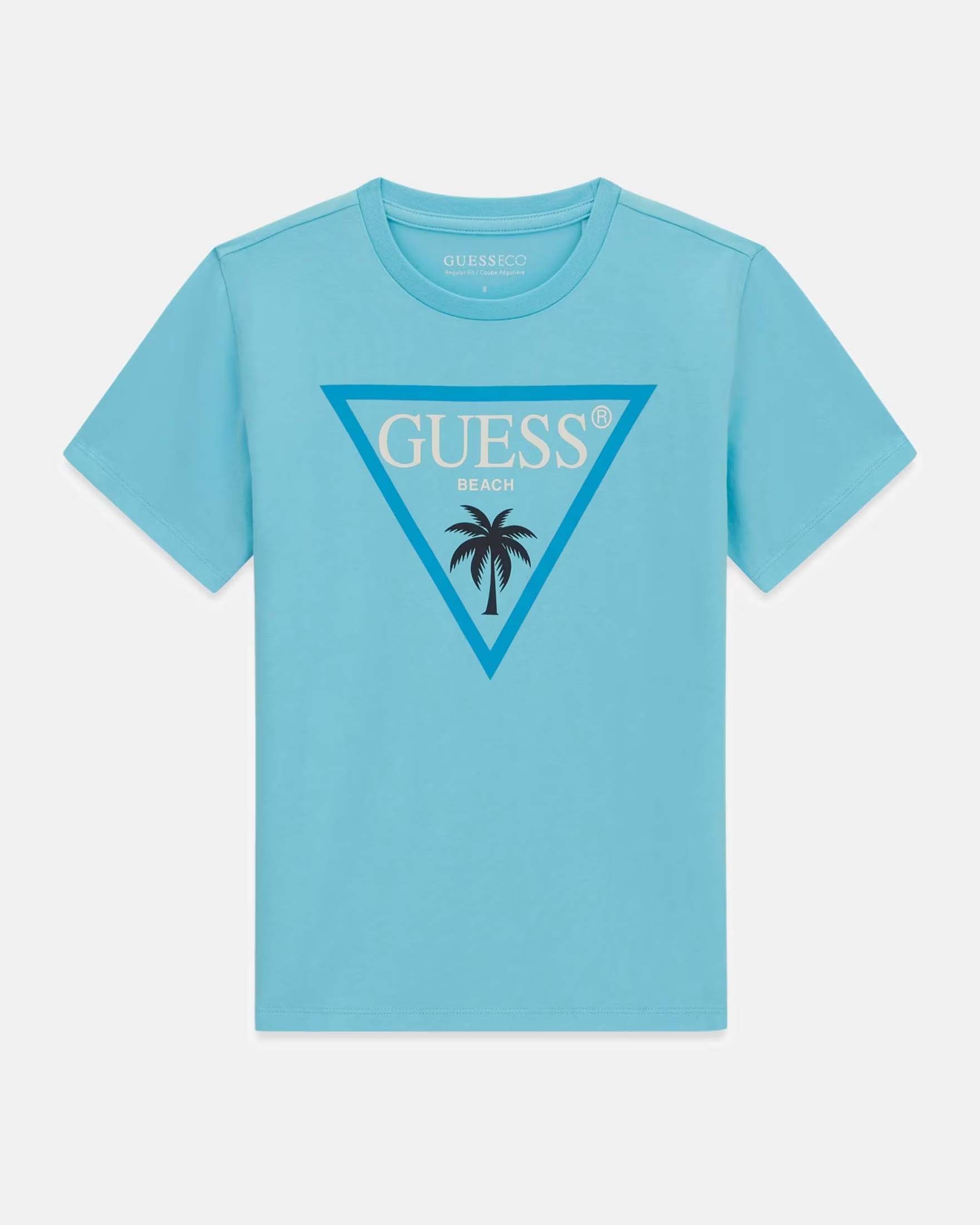 T-shirt Guess turchese in misto cotone con stampa logo