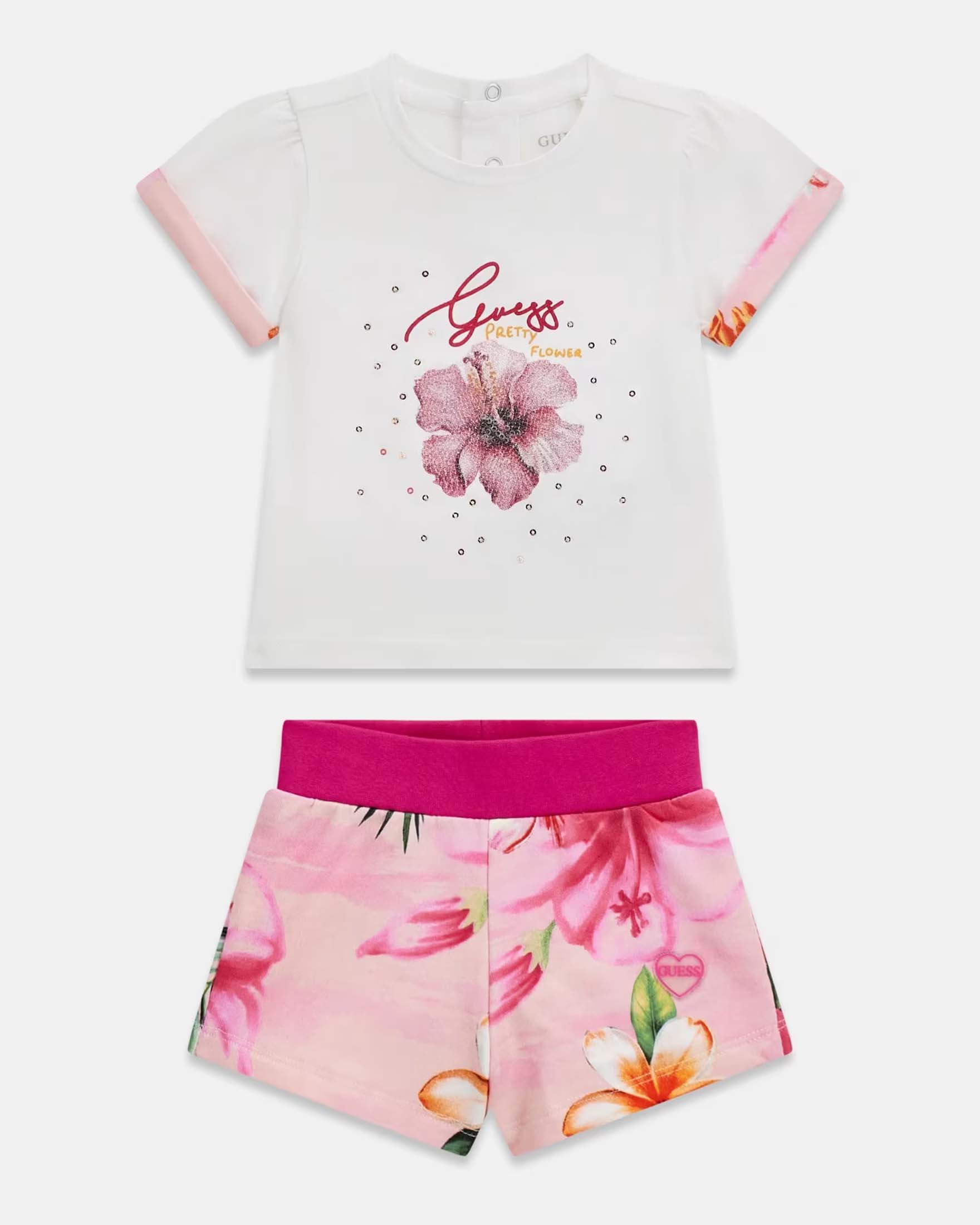Completo con T-shirt e shorts Guess bianco in misto cotone con stampa logo