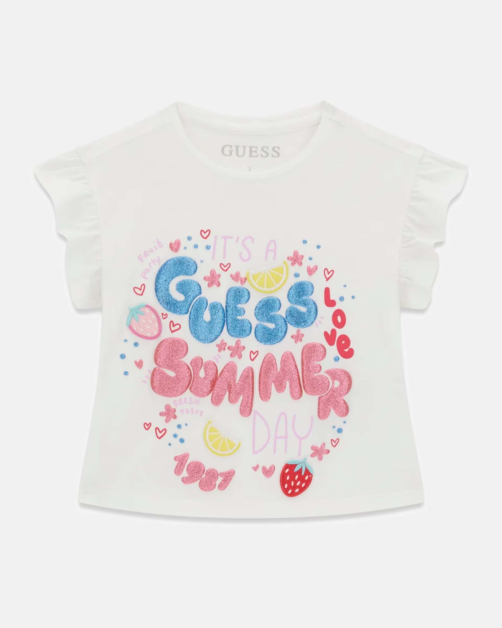 T-shirt mezza manica Guess bianca in misto cotone con stampa logo glitterata