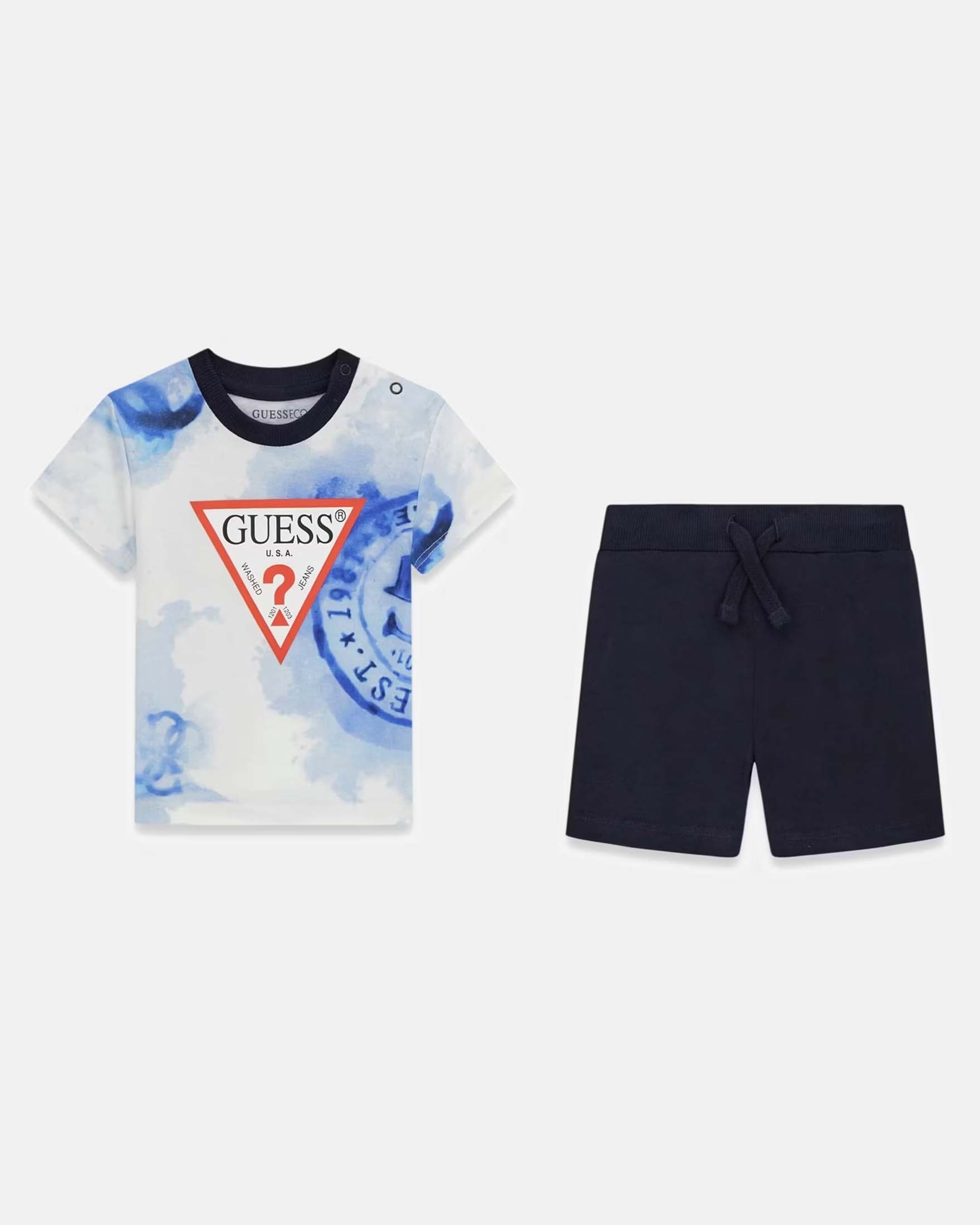 Completo T-shirt e pantaloncini Guess blu in cotone con stampa logo